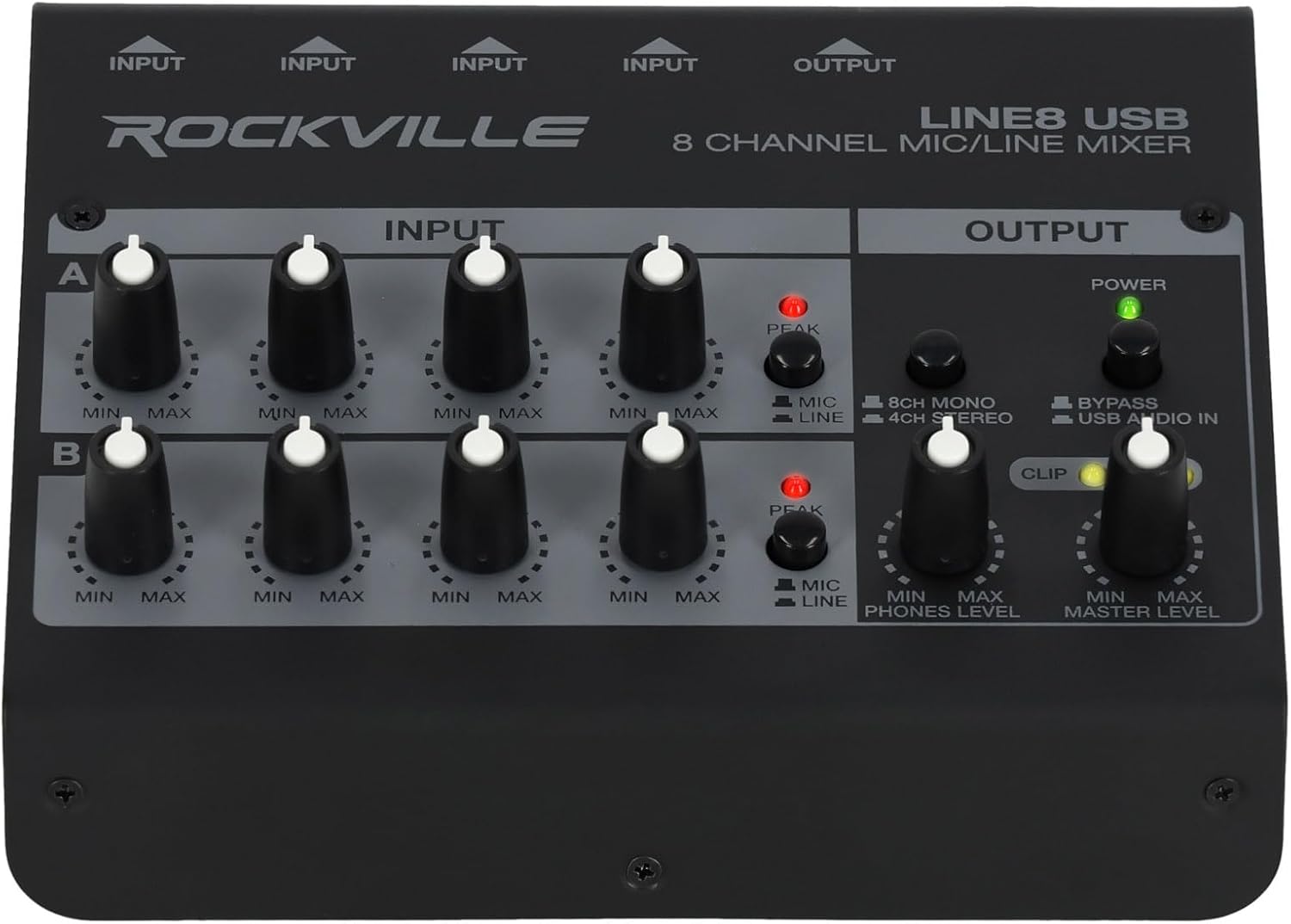Rockville 2-Person Podcast Recording Package LINE8 USB 8-Channel Mixer and USB Audio Interface with (2) PRO-M50 Headphones, (2) RMIC-SR Mics, Stands, RHPA4 Amp, Cables (9 Items)