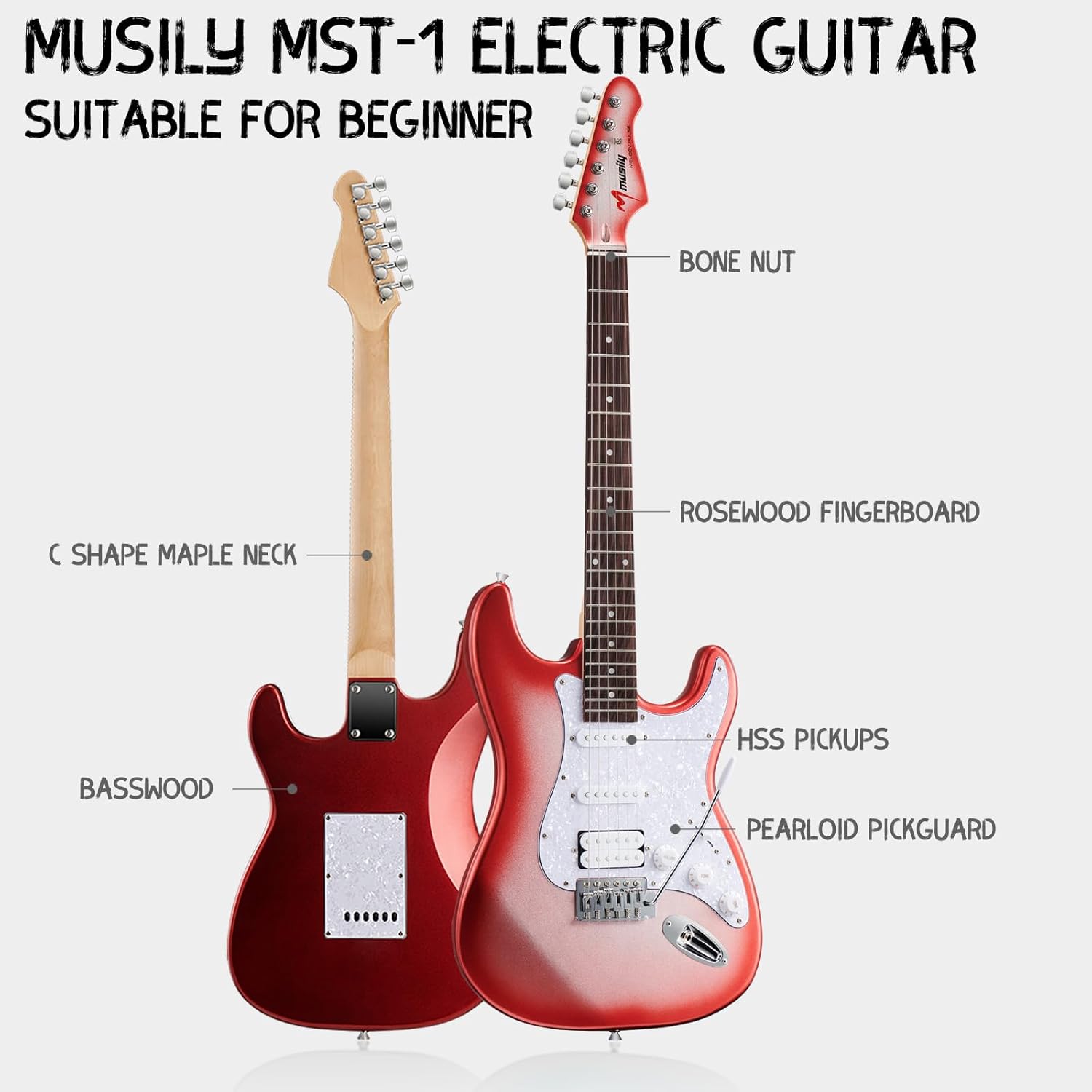 MST-1 39 Inch Electric Guitar Kit, Beginner Starter Full Size Solid Body Electric Guitar With HSS Pickups, Gig Bag, Amplifier, Strap, Cable, Picks, String (CandyAppleBurst)