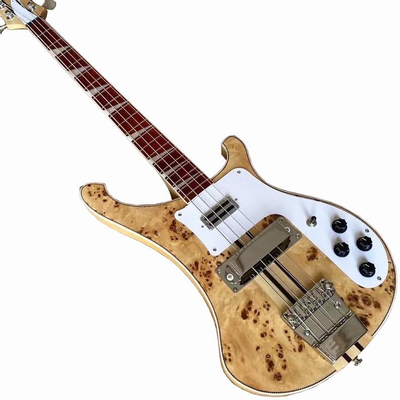 4-String Electric Bass Guitar - Natural Gloss Finish with Burl Maple Top, 20-Fret Rosewood Fretboard