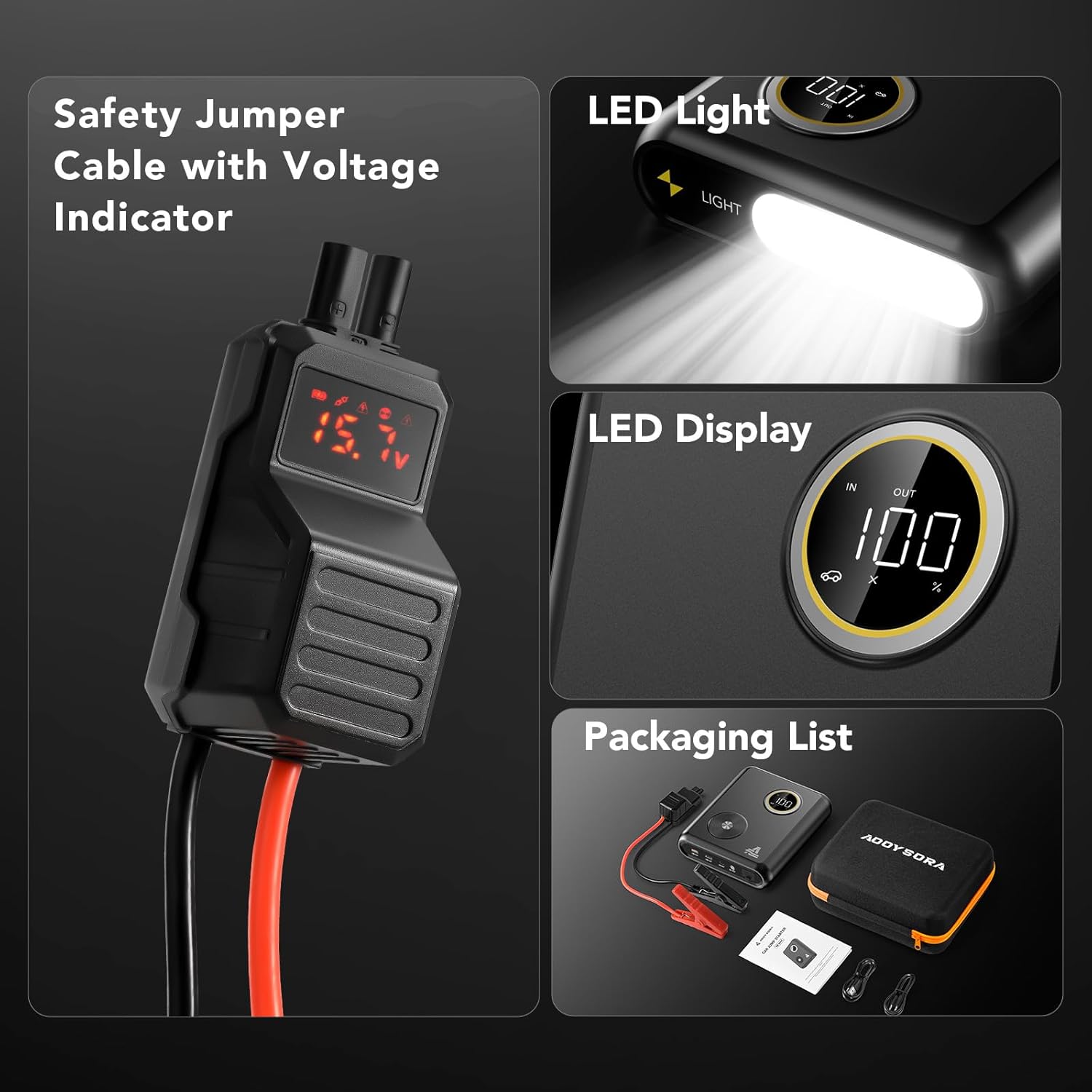 Industry's First Sodium 27500mAh 6000A Car Battery Jump Starter with PD 60W, 12V Portable Car Jump Starter for All Gas/12L Diesel Engine, 10-Year Standby Car Accessories with LED Display, 1500LM Light