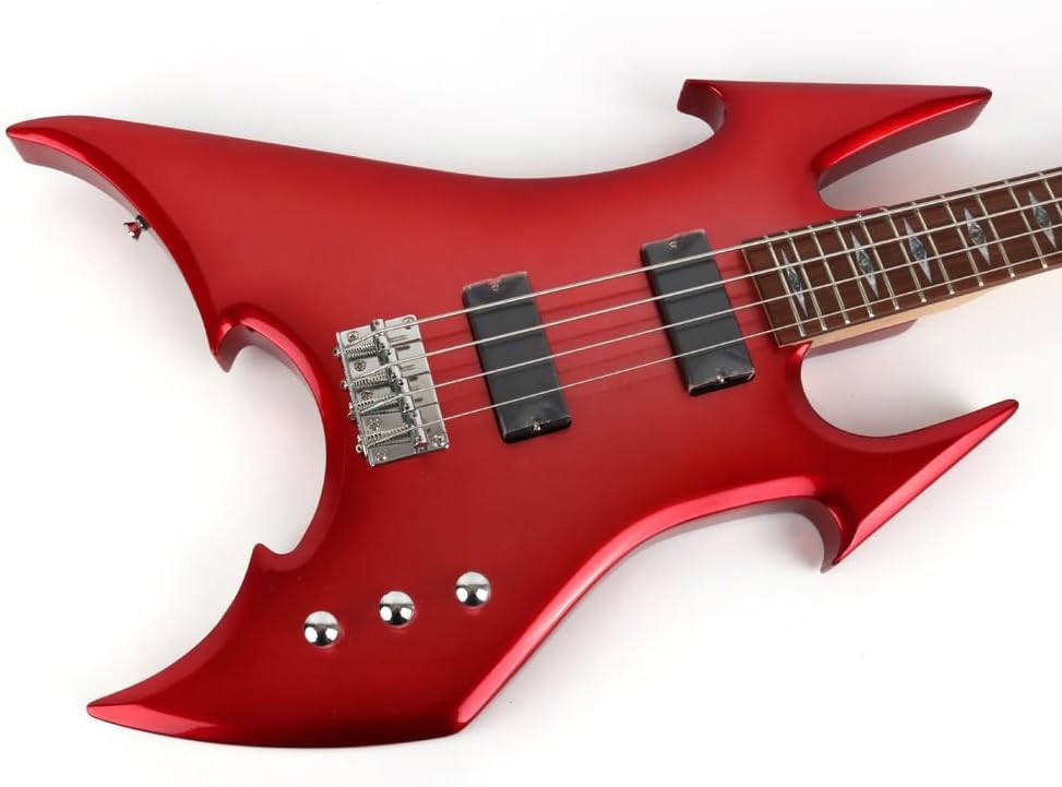 Fojill Cool Shape Full Size Standard Electric Bass Guitar Four 4 String Right Hand Handed Solid Body Canadian Maple Neck Genuine Rosewood Fretboard Fingerboard(Metallic Red)