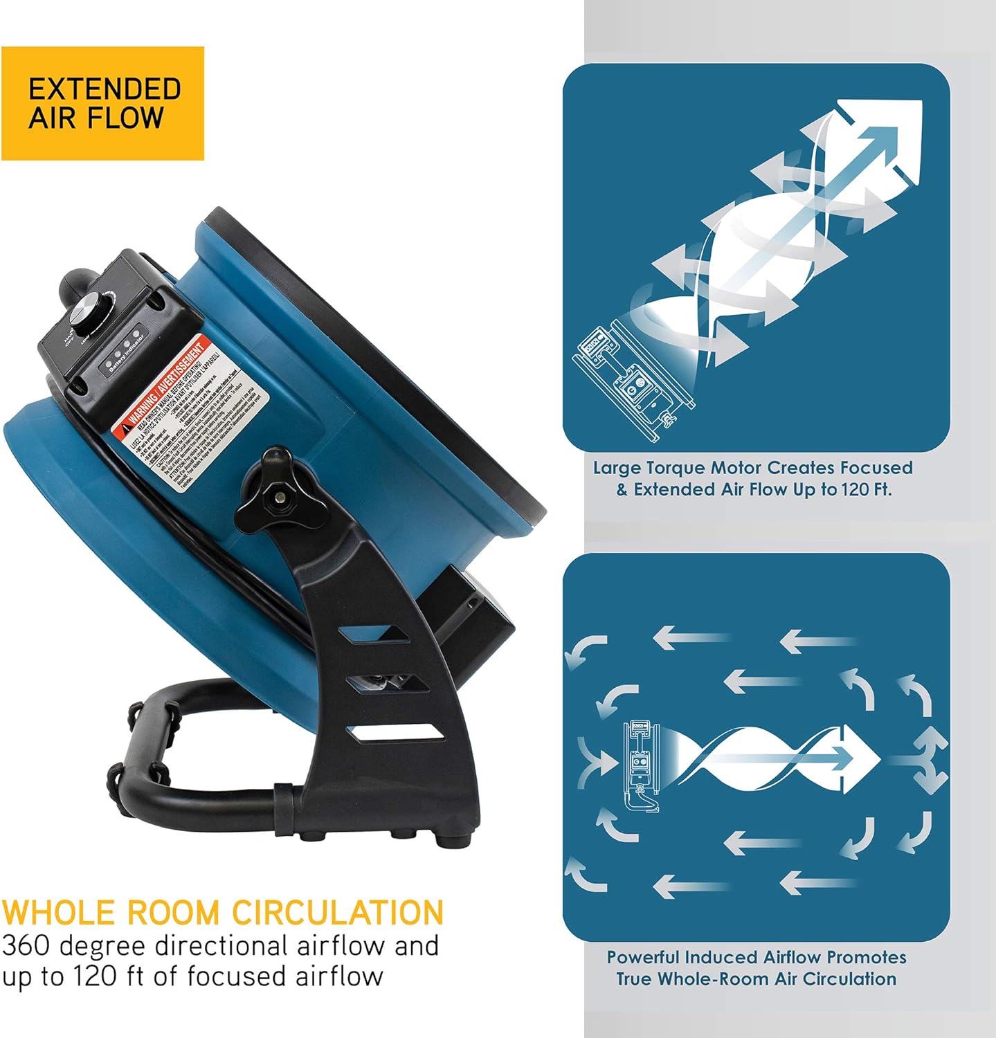 XPOWER FC-150B Portable High Velocity AC/DC Dual Power Operated Portable Rechargeable Battery 18,200mAh Utility Fan, Extended Air Flow, 1000 CFM