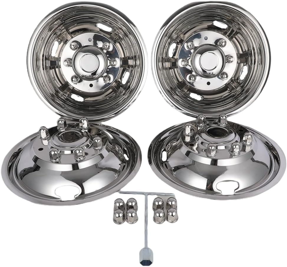 4pcs 17 inches Polished Dually Wheel Simulators, Bolt On 304L Stainless Steel Wheel Cover, Screw on 8 Lug 4 Hand Hole Hubcaps Fit for 2005-2024 Ford F350 2WD/4WD w/Tool Kit 708A