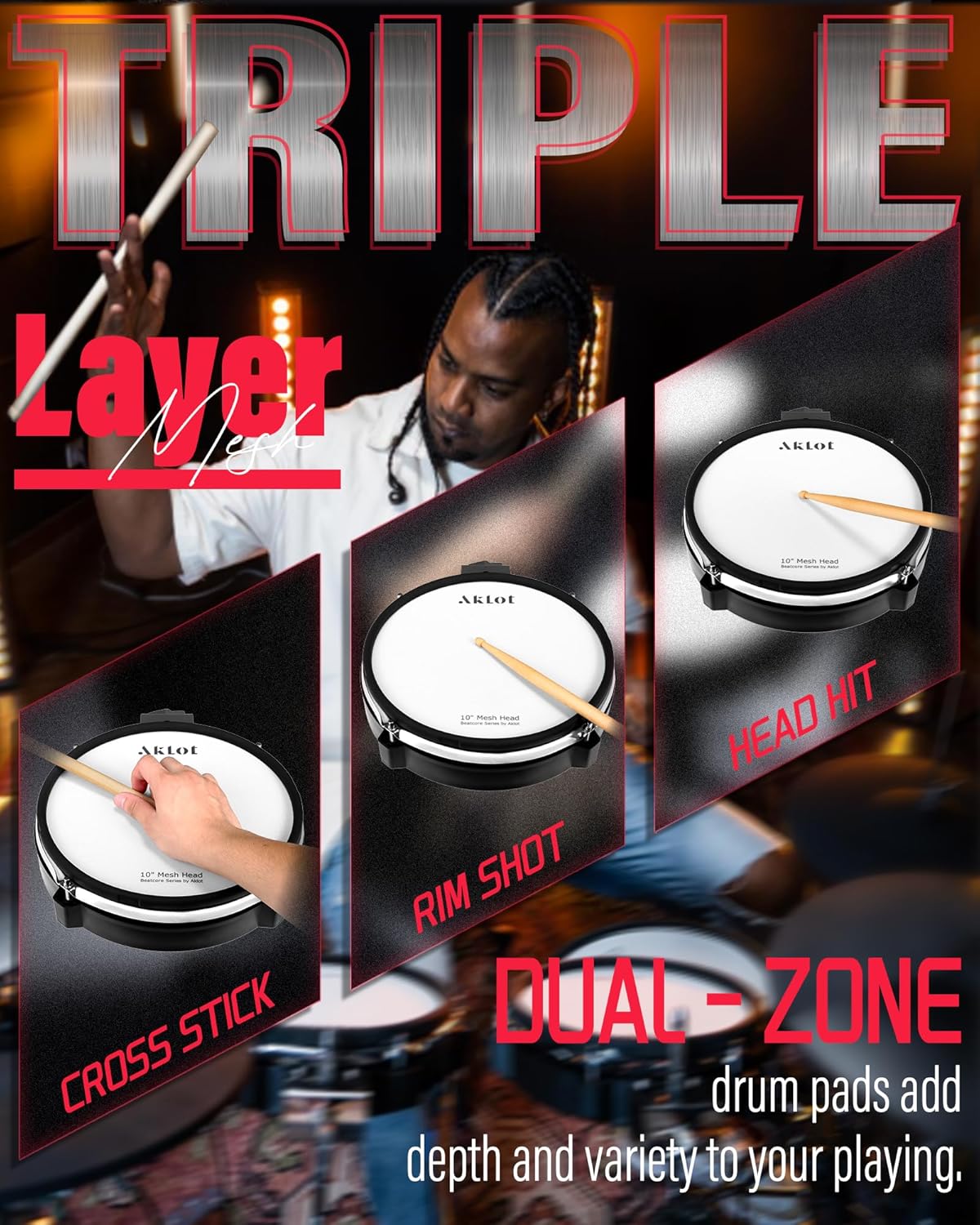 AKLOT Electric Drum Set with Kick-Tower: 4 Dual Zone Mesh Pads, 8’’ Tower-Style Kick Drum, 10’’ Snare, Dual Zone 10’’ Cymbals with Choke, 360 Sounds, User Kit, USB-MIDI, Throne, B-CORE 540 Air, Silver