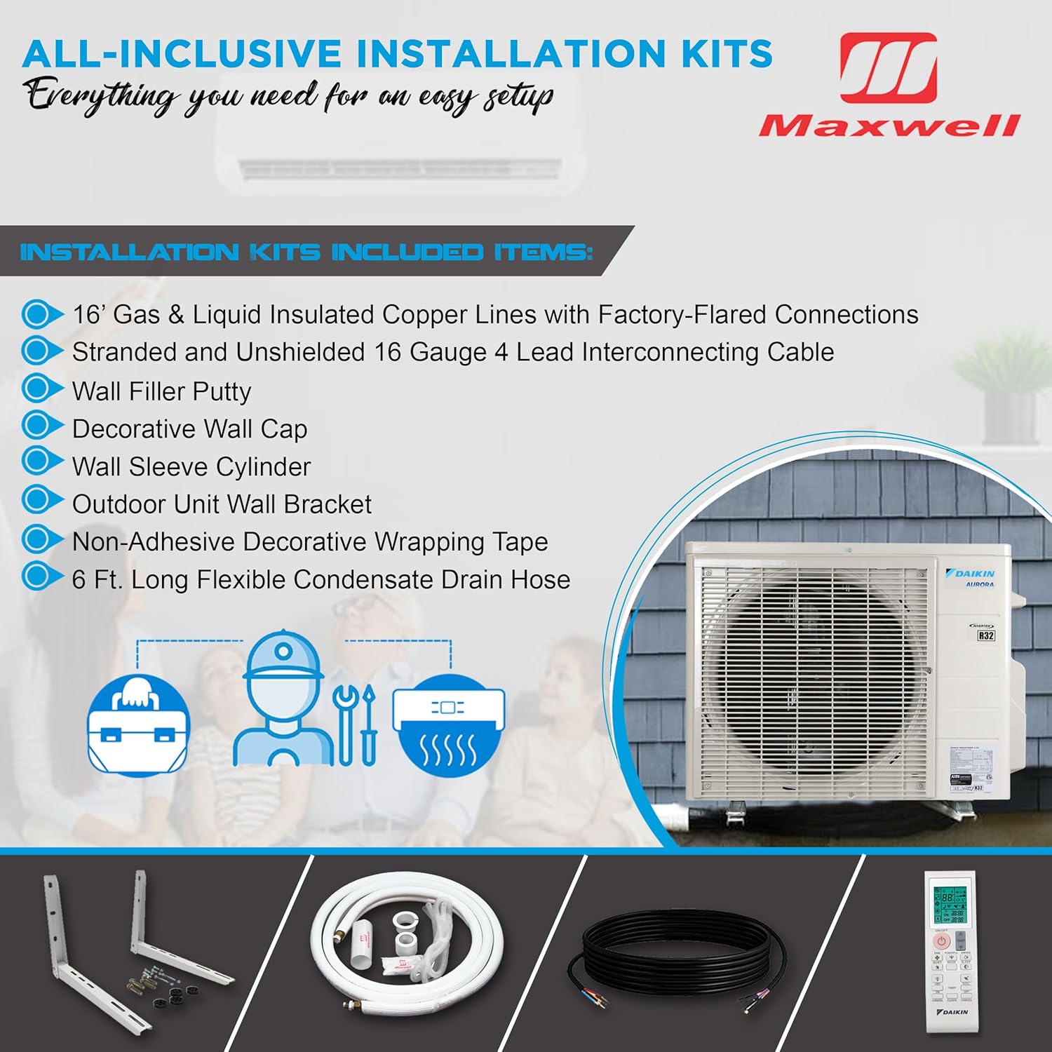 Daikin 12,000 BTU 19.5 SEER2 Aurora Low Ambient Ductless Mini Split Air Conditioner Heat Pump with Maxwell 15 ft. Installation Kit and Bracket - Wi-Fi Enabled R32