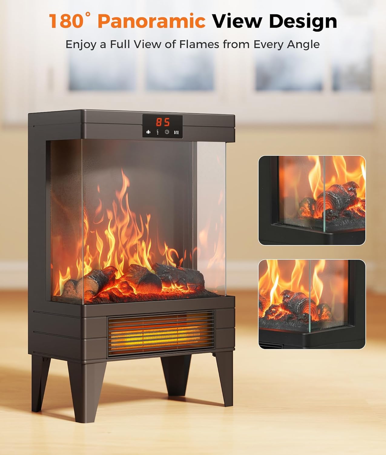 Electric Fireplace Stove Heater - Freestanding Fireplace Heater for Indoor Use with Realistic 3D Flame, Adjustable Thermostat & Remote, Quiet, Timer for Living Room and Bedroom