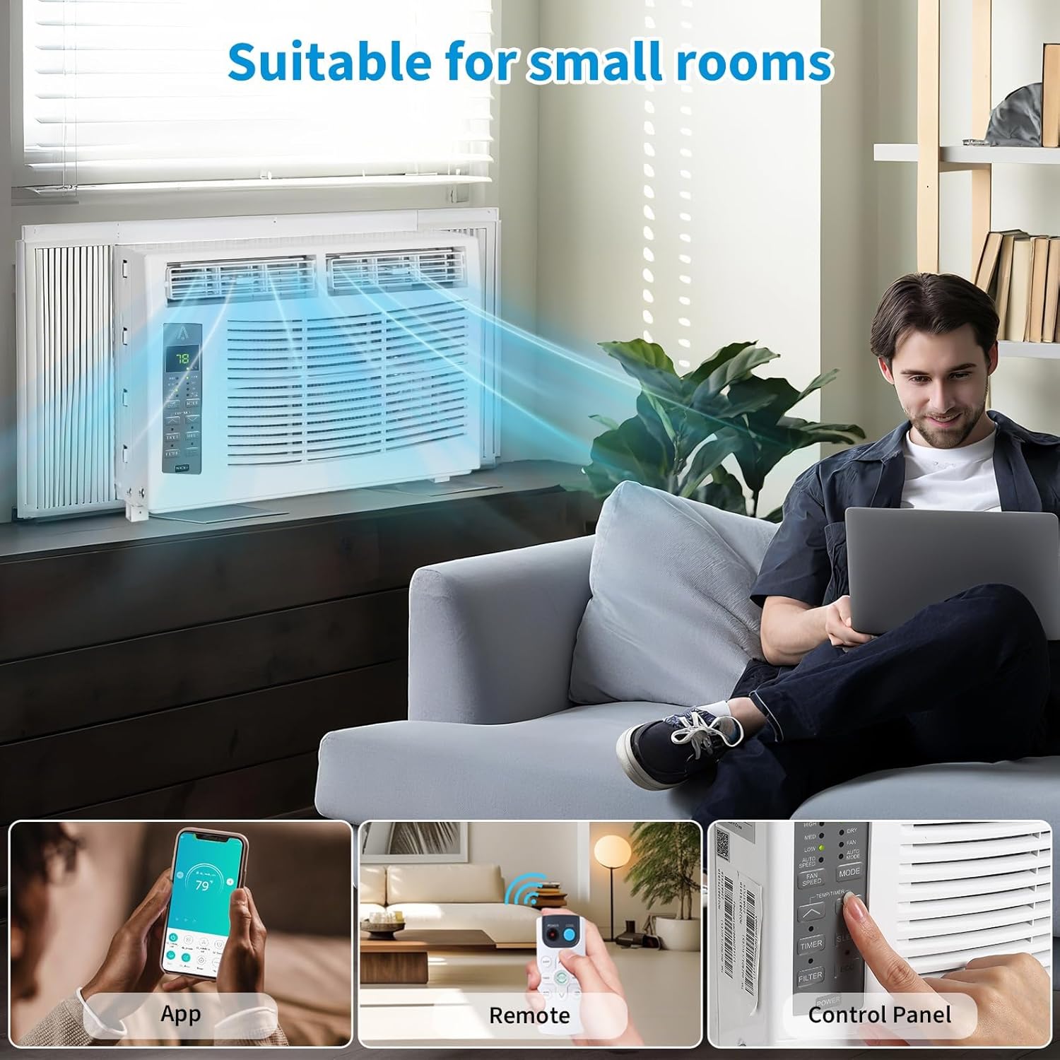 6,000 BTU Window Air Conditioner-WiFi-Enabled Smart AC with Remote,3-In-1 Fan/Dehumidifier Window AC Unit,Cools up to 250 Sq. Ft,Mini Air Conditioner for Bedroom,Office,Home,White