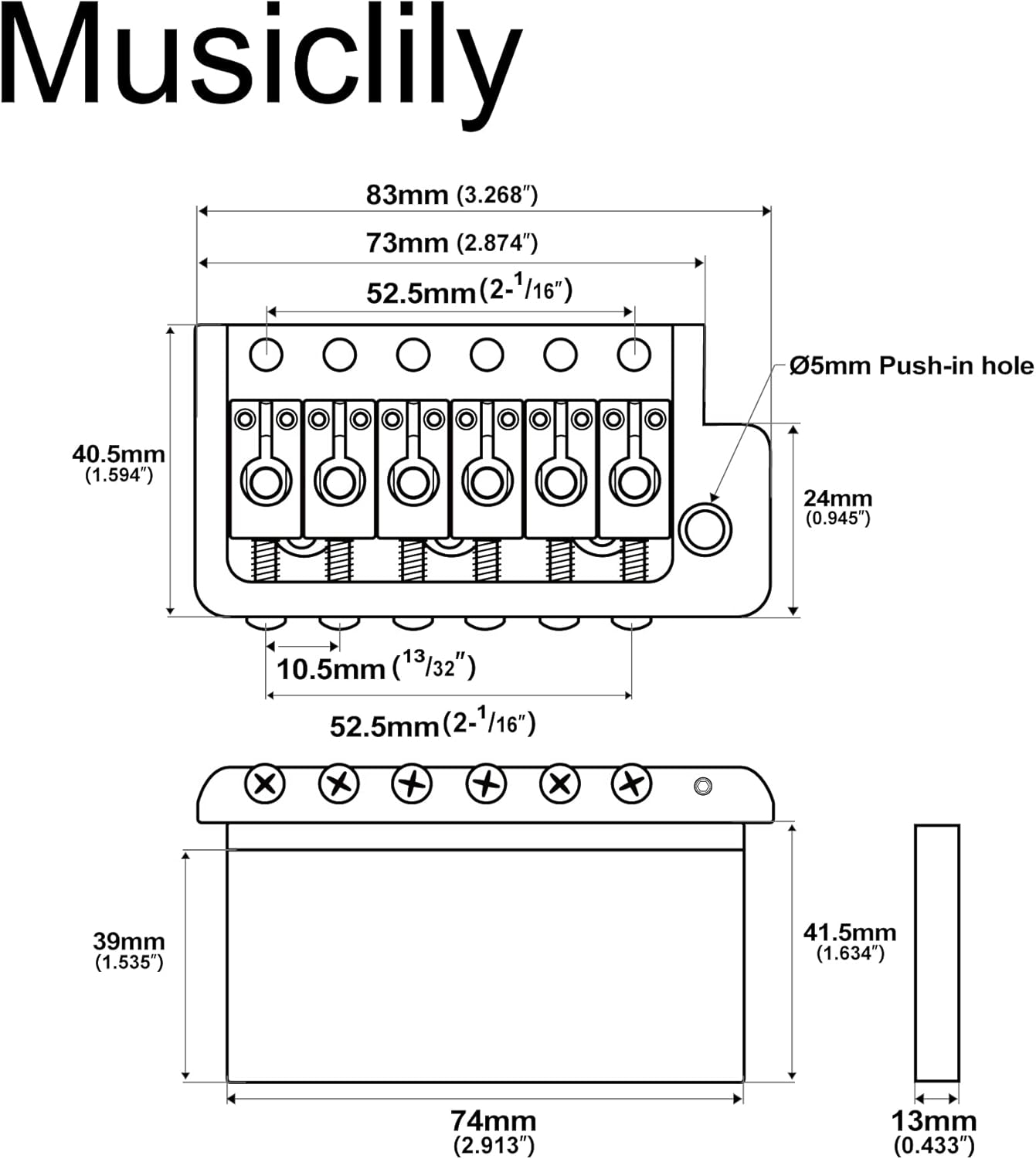 Musiclily Ultra 52.5mm (2-1/16 inch) Full Solid Brass 6-Screw Knife Edge Tremolo Bridge for Strat Style Electric Guitar, Hybrid