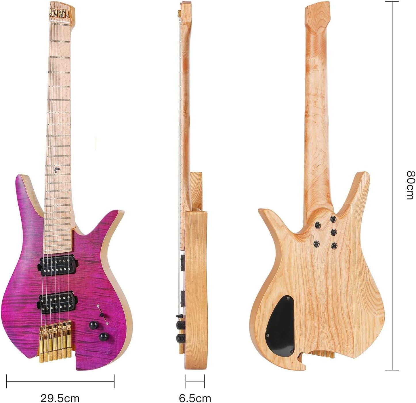 Headless Electric Guitar 7 String Fanned Stainless Steel Fret Headless Electric Travel Guitar Ash Wood with Flame Maple Veneer