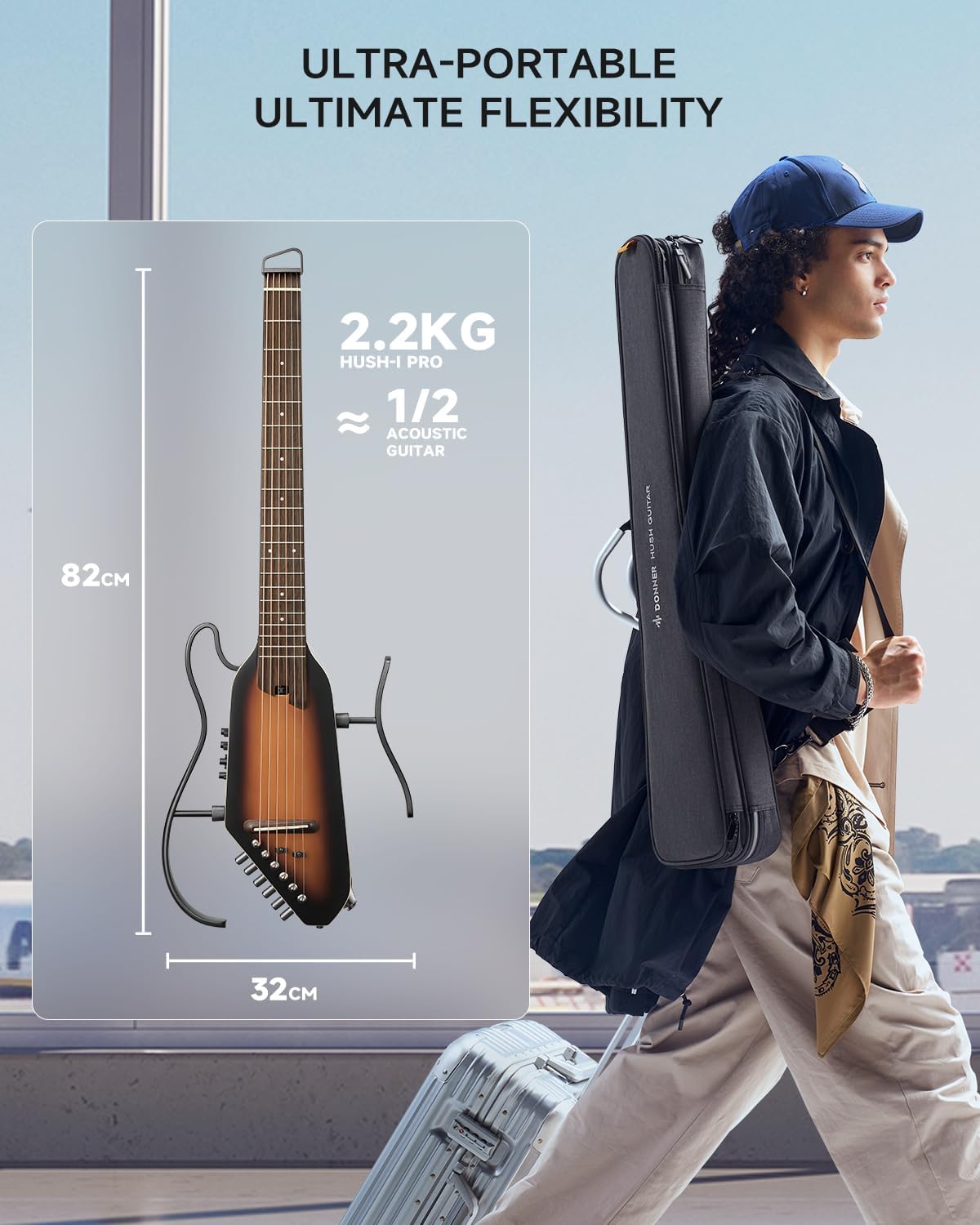 Donner Acoustic Electric Guitar HUSH I PRO Travel Guitar with Multiple Effect Modes Smart Guitarra Kit of Earphone, Gig Bag, Strap, Charging Cable, Sunburst