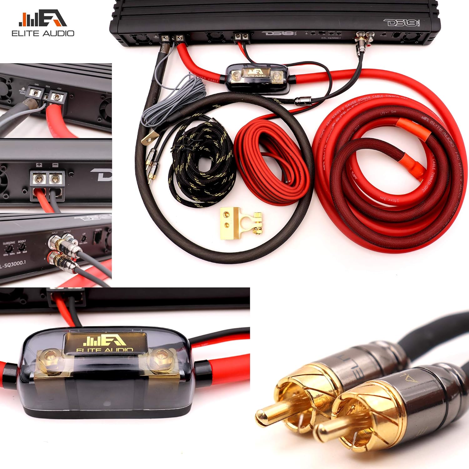 Elite Audio EA-PROK0 + EA-PRO3 Pro Series Amplifier Wiring Kit Bundle with 2-Channel RCA Combo - 5000W Max Power, 0GA Cables, Dual RCA Sets, ANL Fuse and Holder