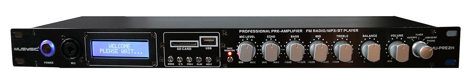 MUSYSIC Professional Audio Receiver & Sound Processor Preamp | Bluetooth, USB/SD, MP3/Aux, FM Radio, Recording Mode | Digital LCD Display | Switchable 110V–220V MU-PRE2H