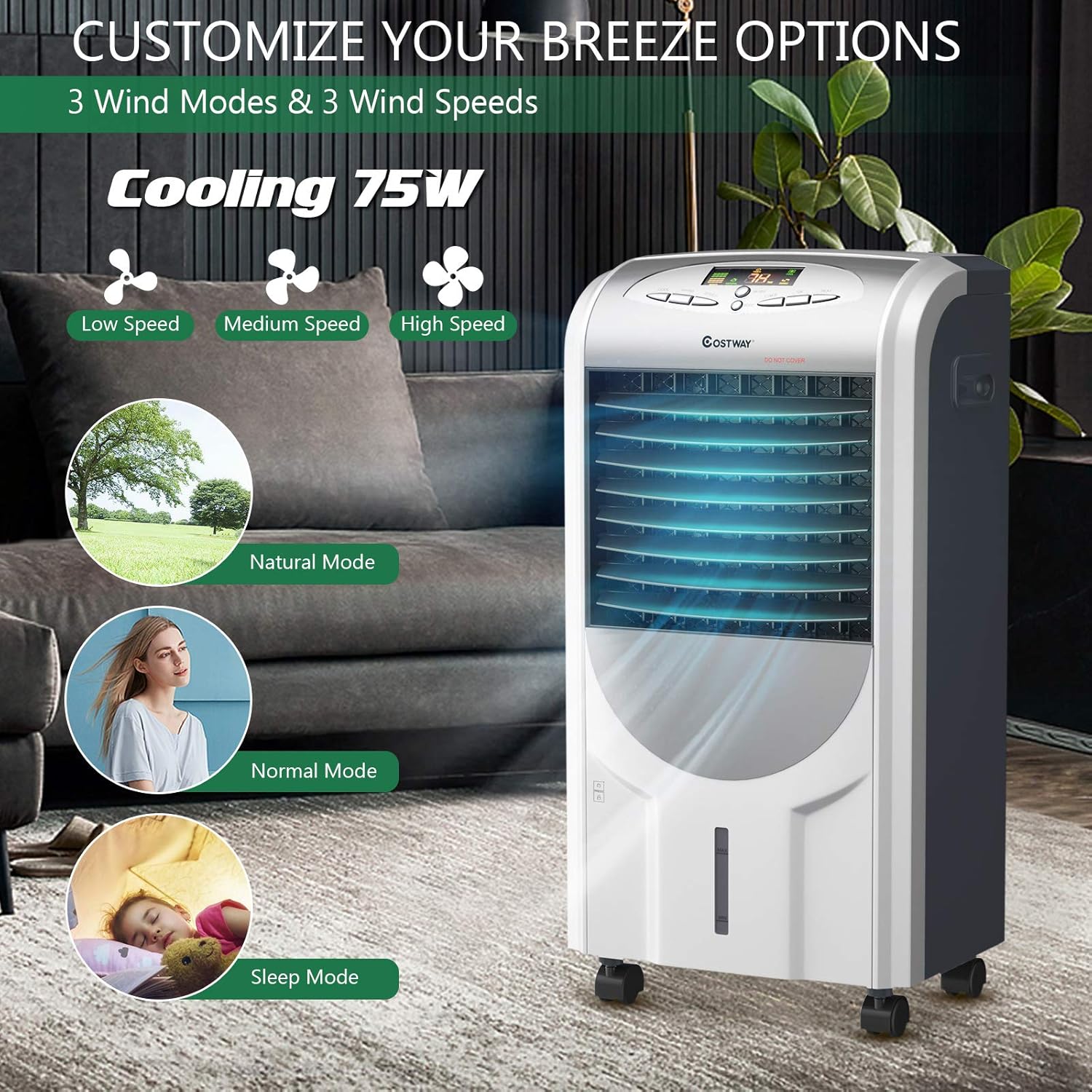 5-in-1 Air Cooler and Heater, Evaporative Air Conditioner with 3 Modes, 3 Speeds, 8-Hour Timer & 2 Ice Boxes, Portable Air Conditioner for Home, Office & Dorms