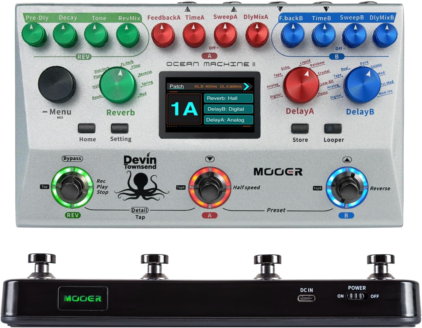 MOOER Ocean Machine II STereo Looper, Delay, Reverb Pedal, 3 Footswitches Ambient Pedalboard with MIDI Ports, EXP