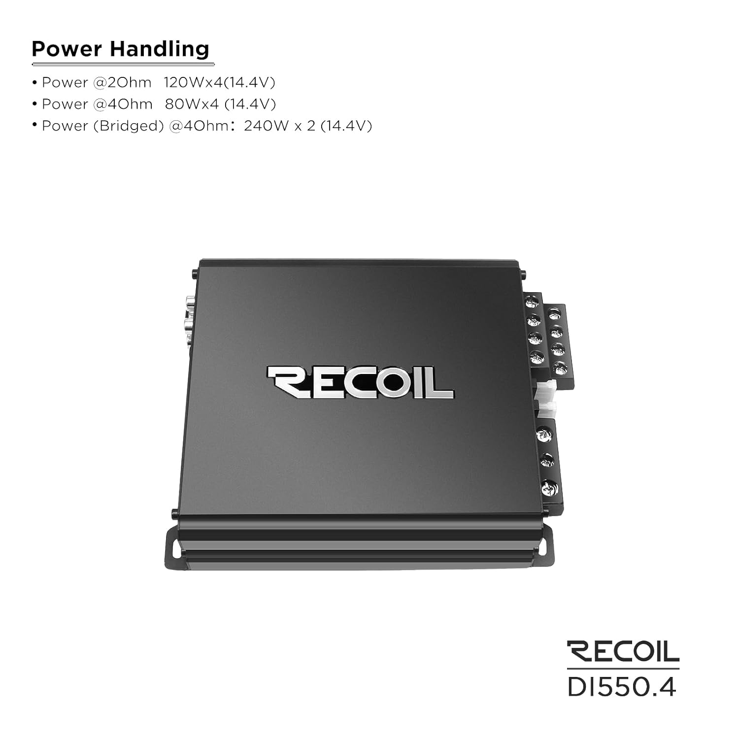 Recoil DI550.4 Full-Range Class-D 4-Channel Car Audio Amplifier, 1,040 Watts Max Power, 2-4 Ohm Stable, Mosfet Power Supply, Bridgeable