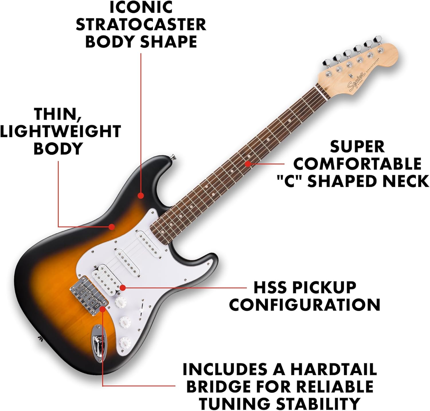 Fender Squier Debut Series Stratocaster HT HSS Electric Guitar, Beginner Guitar, 2-Year Warranty, Includes Free Lessons, 2-Color Sunburst with Satin Urethane Finish