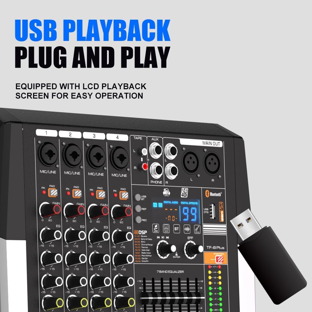 TF400 Dj Mixer 4 Channel Audio Mixer Bluetooth Sound Bar with Power Amplifier 2 * 350W Power Output Powered Mixer USB Audio Interface Sound Mixer with 99 DSP FX Reverb Effects for Streaming Media