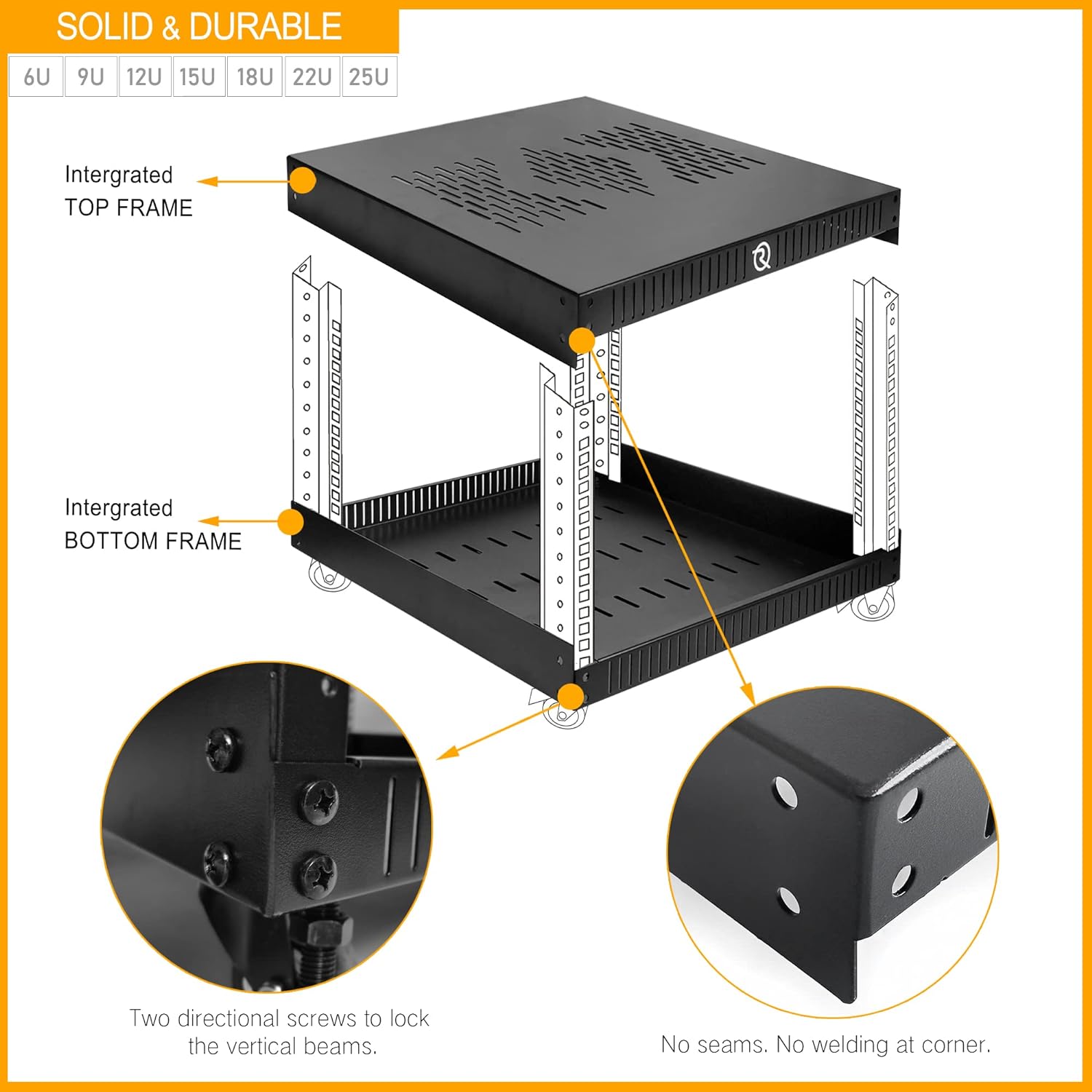RIVECO 12U Network Rack with Reinforced Top Cover - 4 Post Floor Rack on Wheels for 19