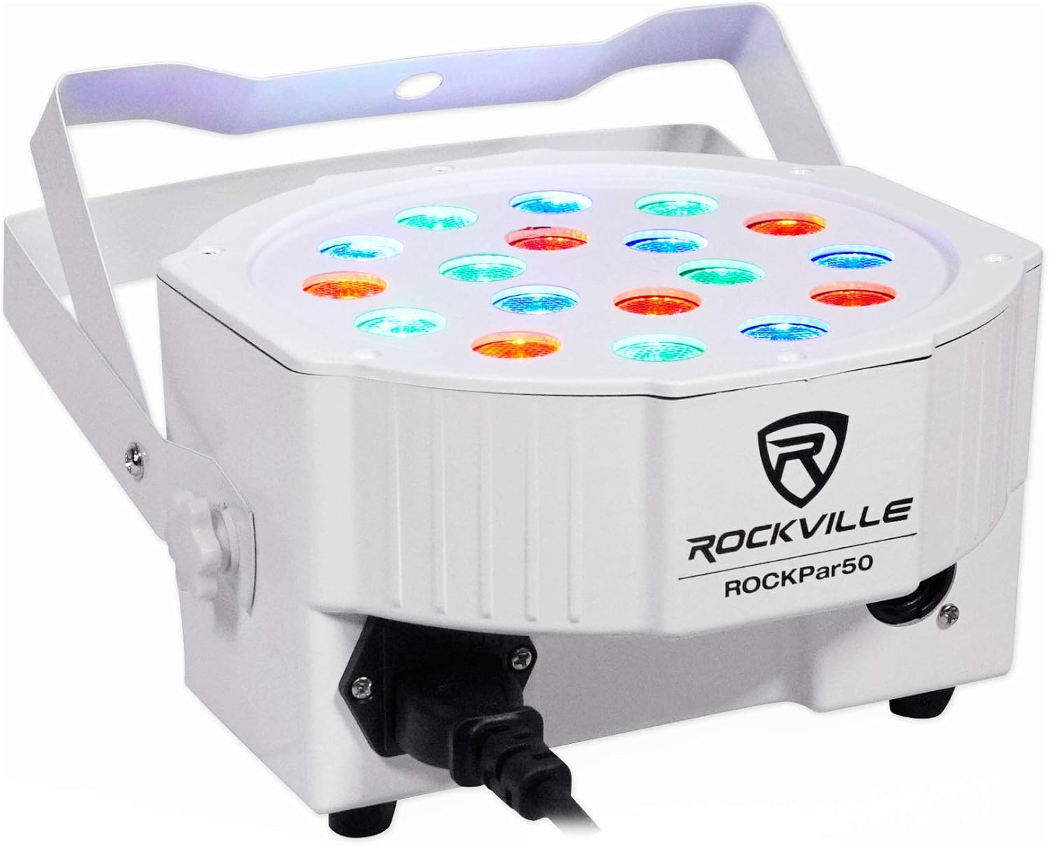 Rockville RockPAR50 WHT Bundle: (24) LED RGB Compact Par Can DJ Club Stage DMX Uplights, ROCKFORCE 384 Channel Light Fog DMX Controller, MIDI, 25-Items