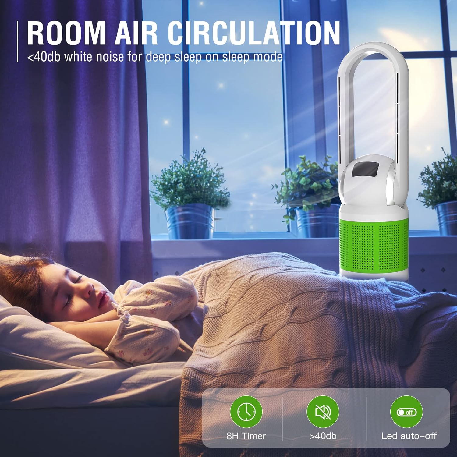 Bladeless Tower Fan and Air Purifier in One 32-Inch, HEPA-filter, 8-Speed, Oscillating, Remote Control, 8H Sleep Timer, White(MT1005)