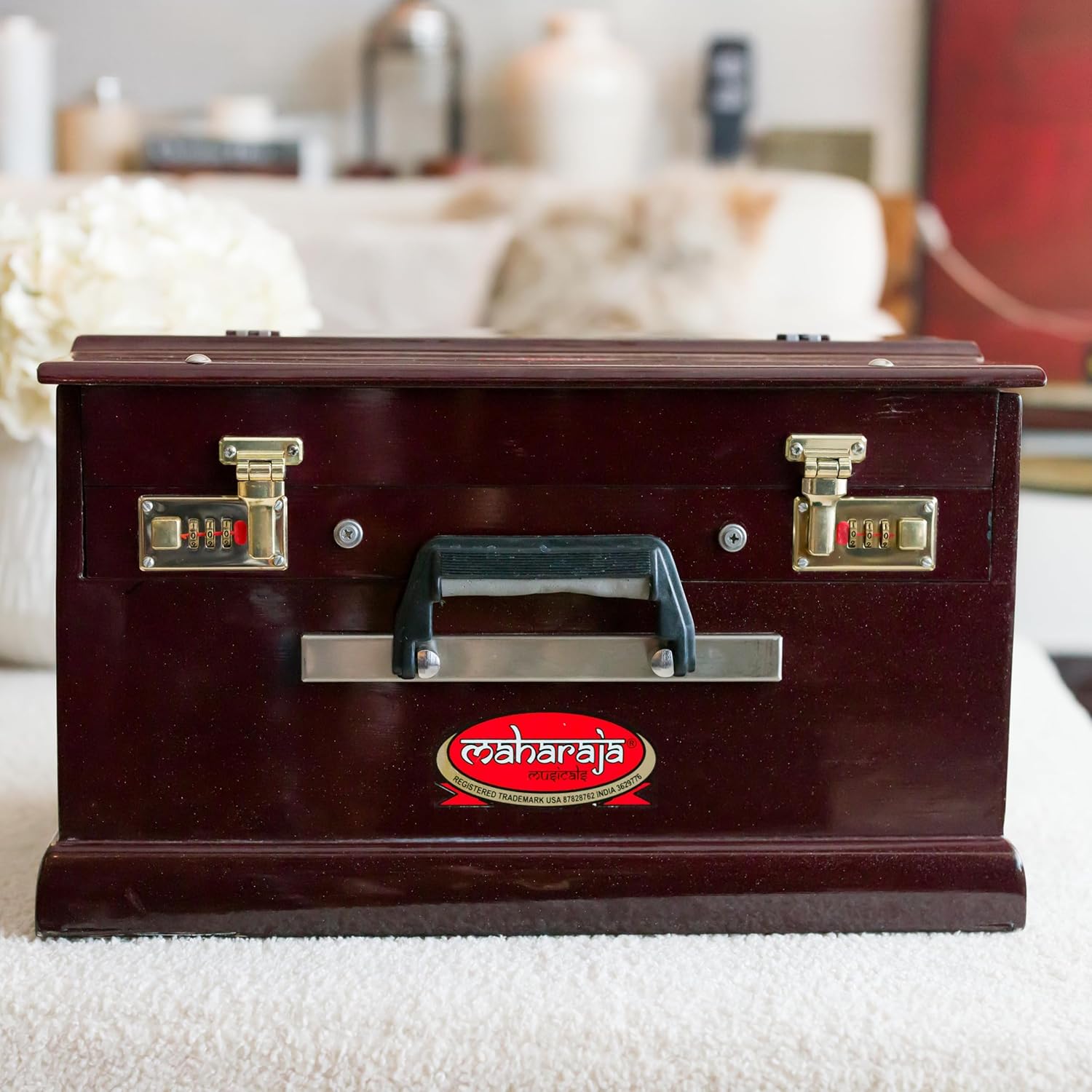 Portable Harmonium, Maharaja Musicals, Small, 2 1/4 Octaves Saptak, Dark Mahogany Color, 3 Fold Bellow, 17x10x10 Inch, Handle, Bag, Kirtan Yoga Companion, Handmade Harmonium Instrument-PH2