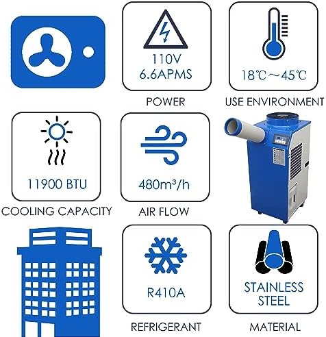 11900 BTU Industrial Portable Air Conditioner Single Nozzle Mobile Spot Cooler with 3.7 Gal Water Tank Automatic Control 480m³/h 110V 1400W