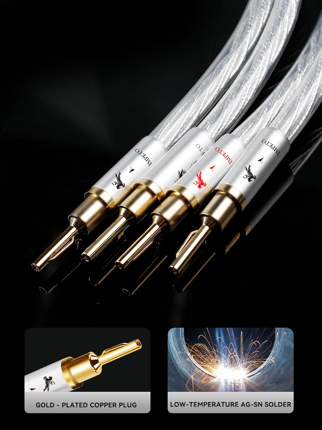 Audiophile Speaker Cable with 4mm Banana Plugs - Silver-Plated Copper Conductors & Dual Shielding for Home Theater, Amplifier, Bookshelf Speakers (6.56ft/2m)