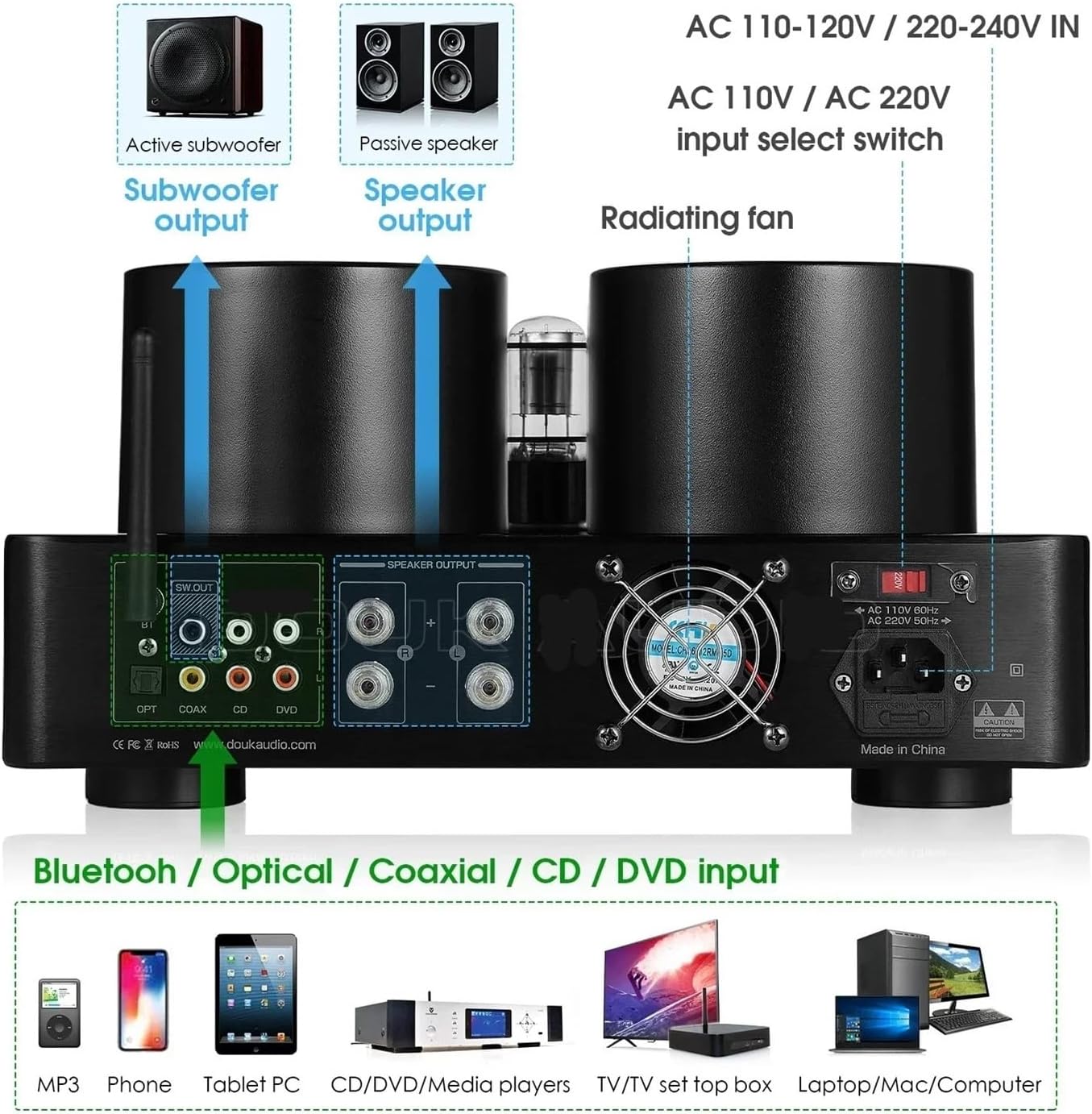 HiFi Hybrid Stereo Tube Amplifier Audio Receiver Coaxial/Optical Power Amplifier U Player