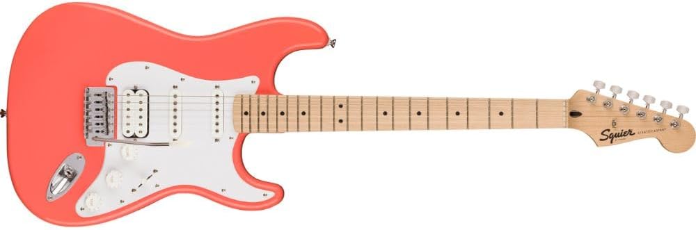 Squire Sonic Stratocaster Electric Guitar, Tahitian Coral, Maple Fingerboard, White Pickguard Bundle with Fender Logo Guitar Strap Black, Fender 12-Pack Celluloid Picks, and Gator Guitar Stand