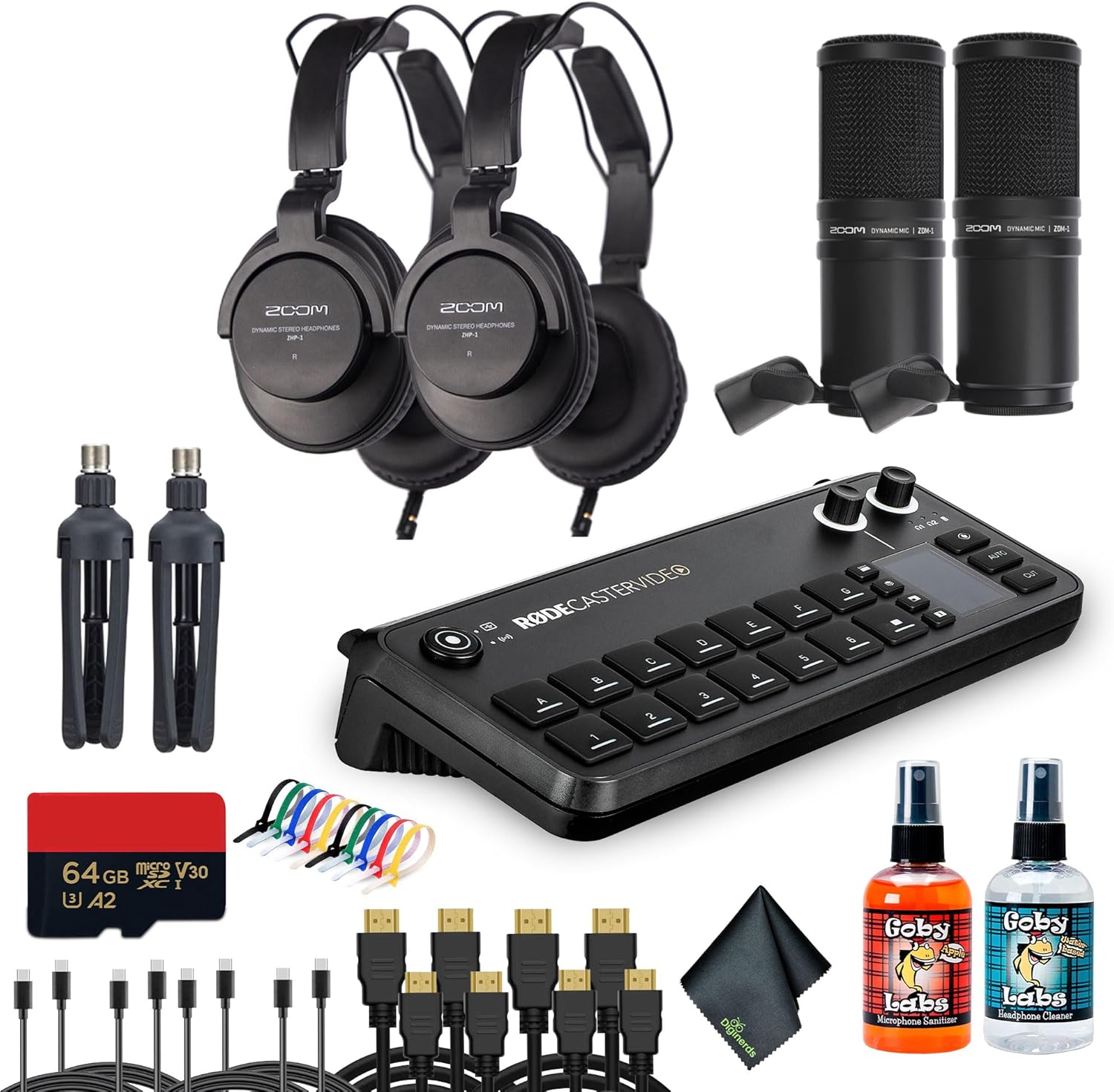 RODECaster Video All-in-One Production Console + 2x Professional Studio Headphones + 2x Podcast Microphone + 64GB Micro SD Memory Card + 4x USB-C + 4x Video Cables + More (Bundle)