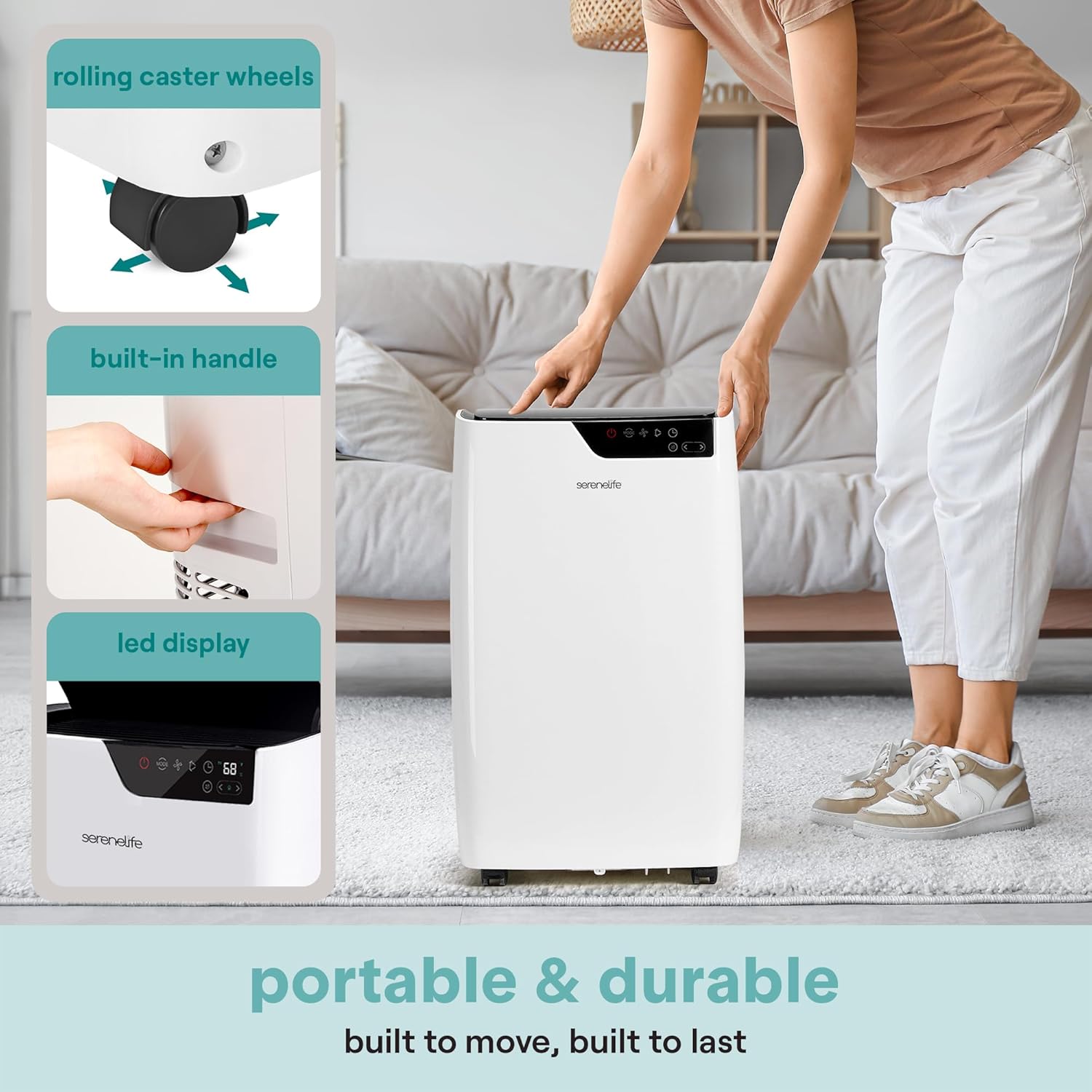 SereneLife Portable Air Conditioner 14000 BTU, 3-in-1 Compact Standing Air Conditioner for Room Up to 500 Sq. Ft., Touch Control Panel, High Efficiency CEER 7.22 and Auto Mode for Easy Operation