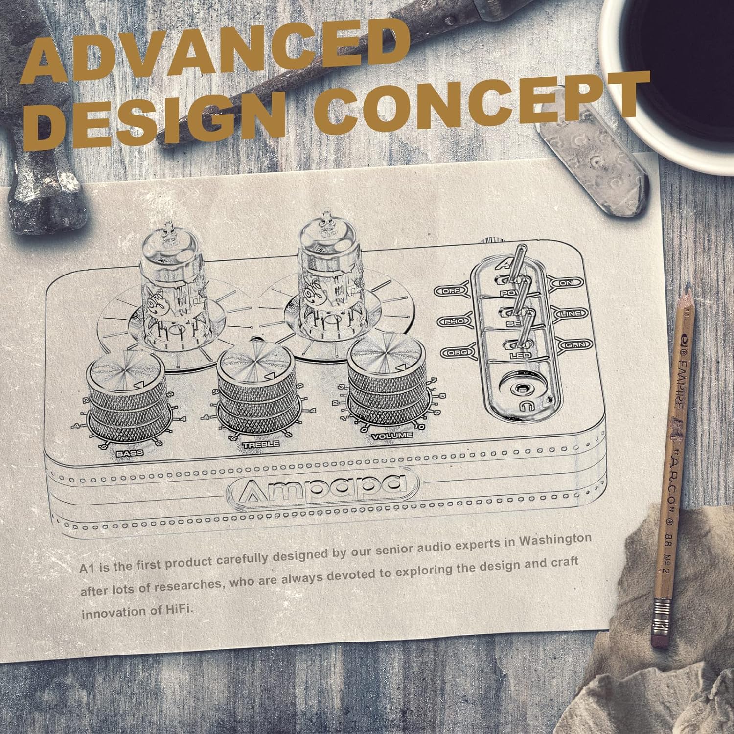 A1 Vacuum Tube Phono Preamp, Headphone Amp, Hi-Fi Audiophile Preamplifier for MM Turntable Record Player with Tone Control for Home Stereo Audio System