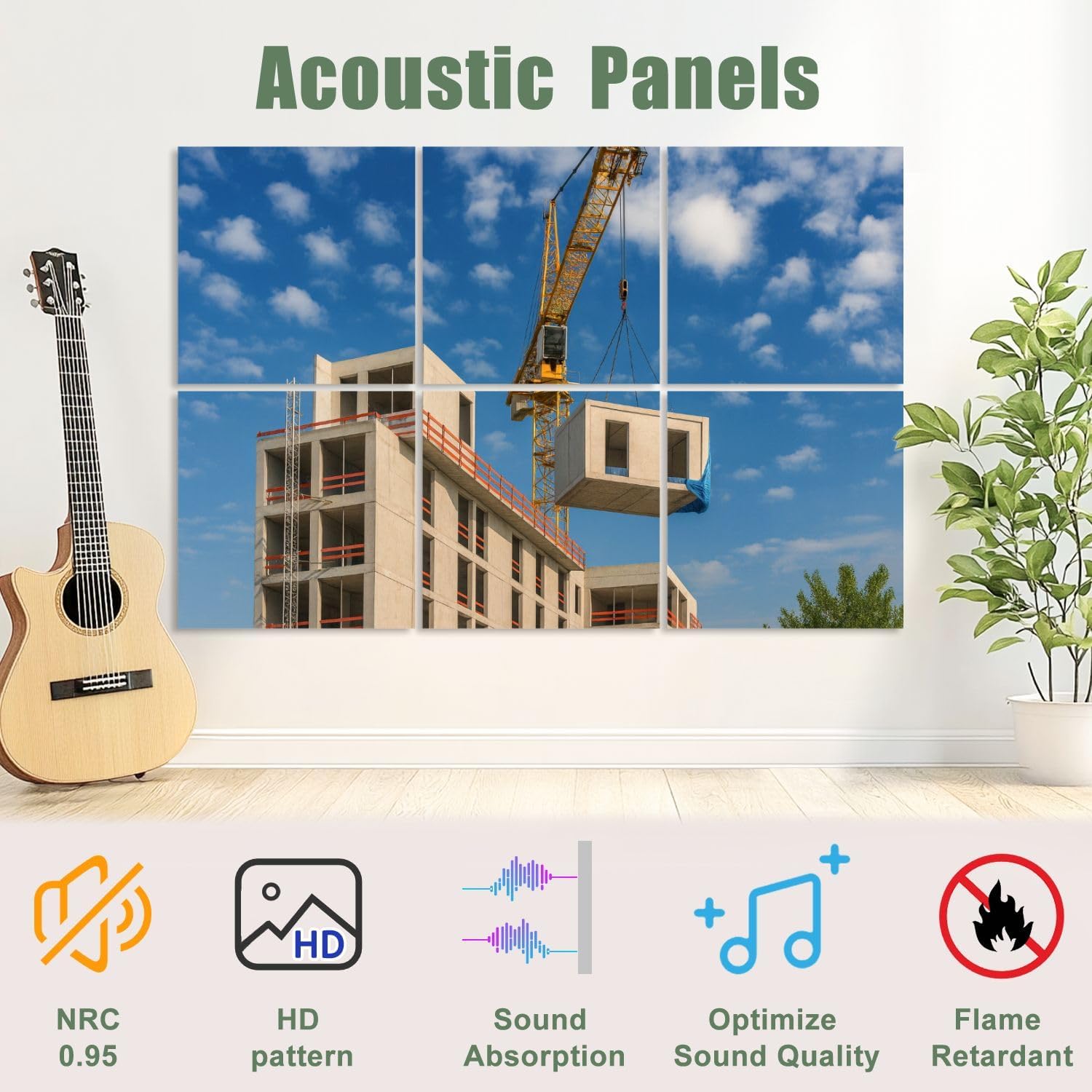 6 Pack Art Acoustic Panels Self Adhesive Crane lifting prefabricated wooden building module to its position Decorative Soundproof Wall Panels Sound Absorbing Panel 48