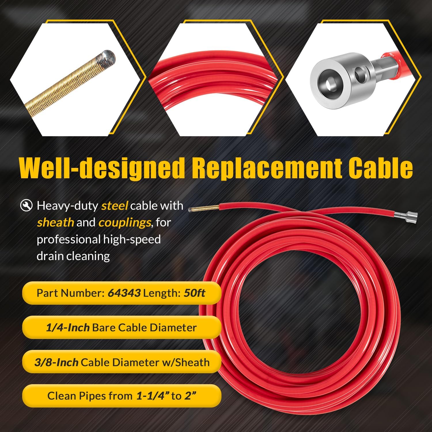 Replacement for FlexShaft Cable Assembly 64343 K9-102, 1/4” x 50 ft with Sheath and Couplings, Compatible with RIDGID K9-102 Drain Cleaning Machine for 1-1/4” to 2” Pipes