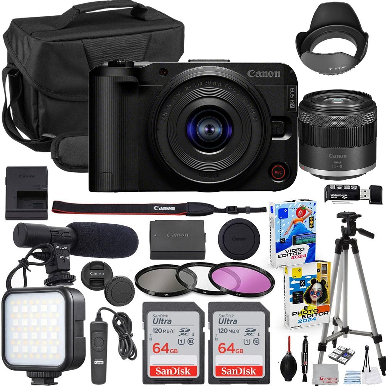 Canon EOS R50 V Mirrorless Camera with 14-30mm Lens Bundle + 2X 64GB Memory Cards + Accessory Kit Including Shoulder Bag, LED Light, Microphone, Software & More