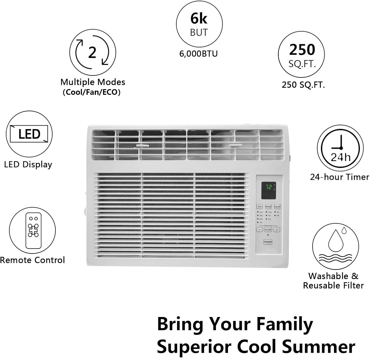 Bonnlo 6000BTU Window Air Conditioner with Remote and 24H Timer, Window AC Unit with ECO Mode and 4 Fan Speed, Cools up to 250 Sq. Ft., Easy Installation for Home Bedroom Apartment Office 115V