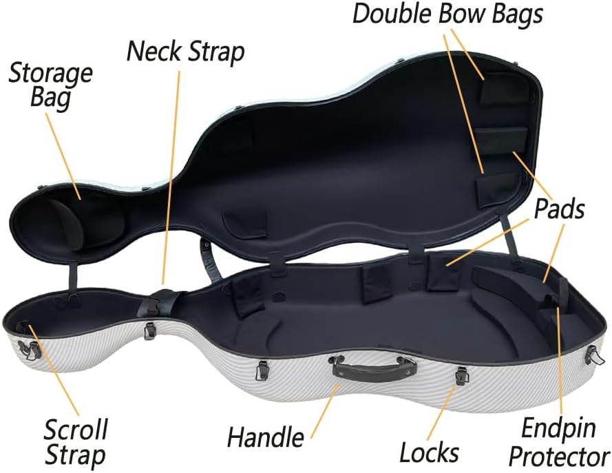 Carbon Fiber Cello Case 4/4 Full Size - Heavy-Duty Hard Shell with Bow Storage & Accessory Pockets | Fits Full Size Cello Protection for Musical Instrument Cases (White)
