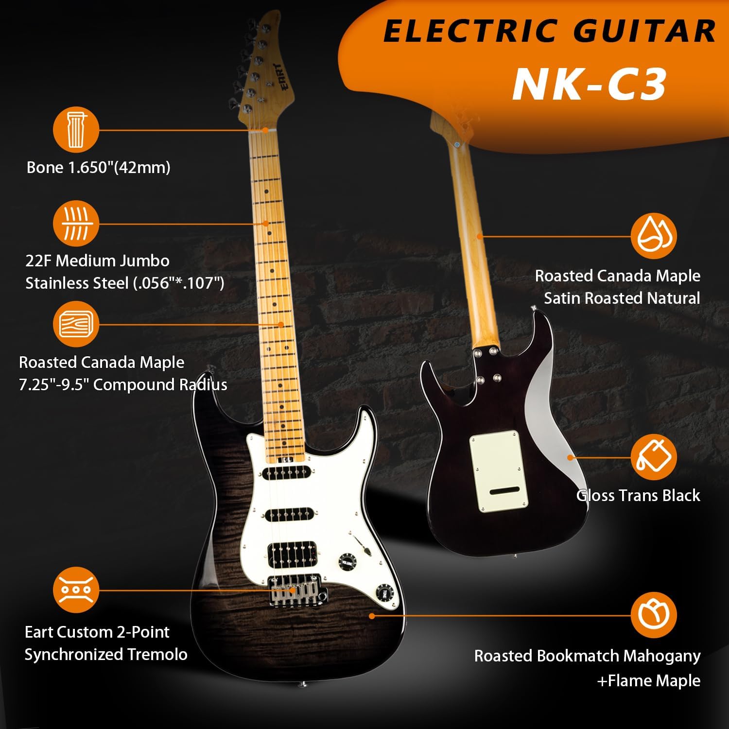 EART NK-C3 Electric Guitar with 6 String Maple Fingerboard Solid Body Right Handed, Stainless Steel Frets, Black