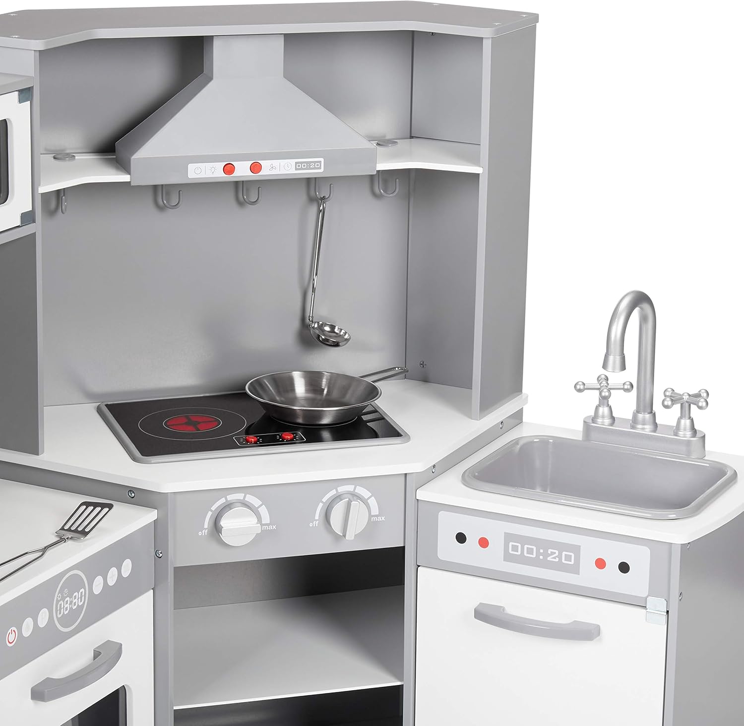 Amazon Basics Kids Corner Wooden Kitchen Toy Playset with Stove, Oven, Sink, Fridge and Accessories, for Toddlers, Preschoolers, Children Age 3+ Years, White & Gray, 39.37