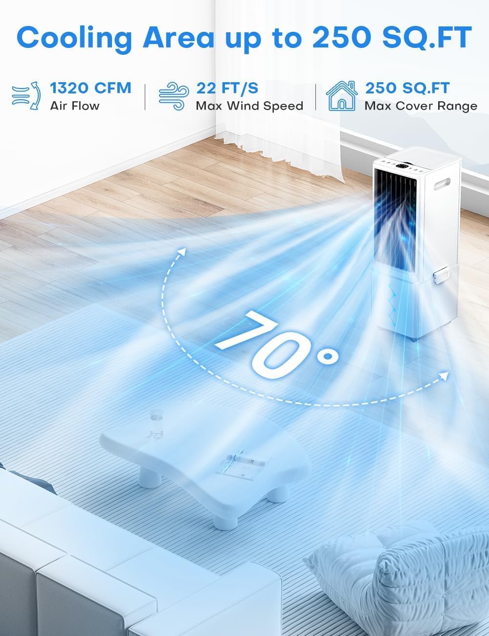 Windowless Air Conditioner w/ 4 Modes & 3 Speeds, Waterless Alert, 2.4-Gal Tank for 20H Cooling, 12H Timer, 20FT Remote, 70° Auto Swing Evaporative Air Cooler, Portable AC Unit for Bedroom