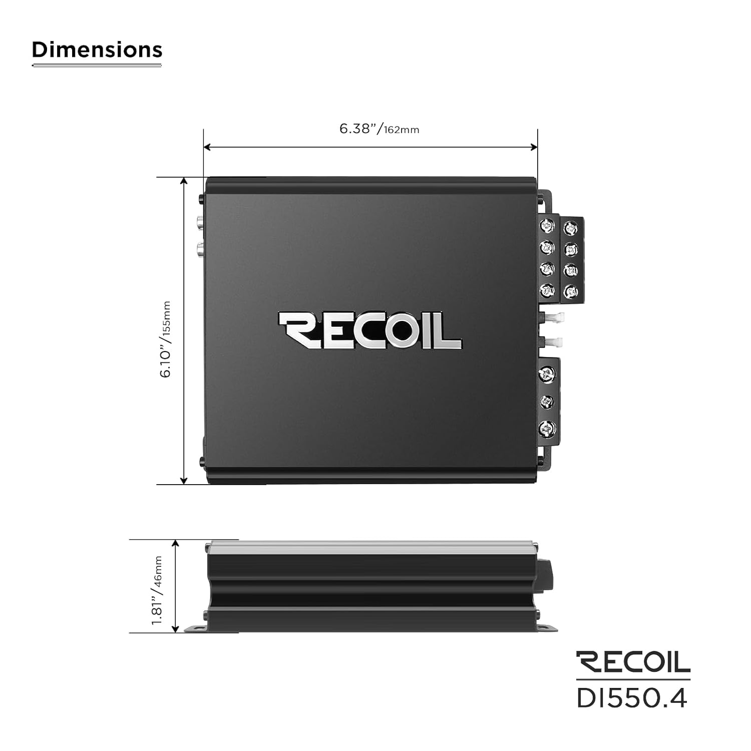 Recoil DI550.4 Full-Range Class-D 4-Channel Car Audio Amplifier, 1,040 Watts Max Power, 2-4 Ohm Stable, Mosfet Power Supply, Bridgeable