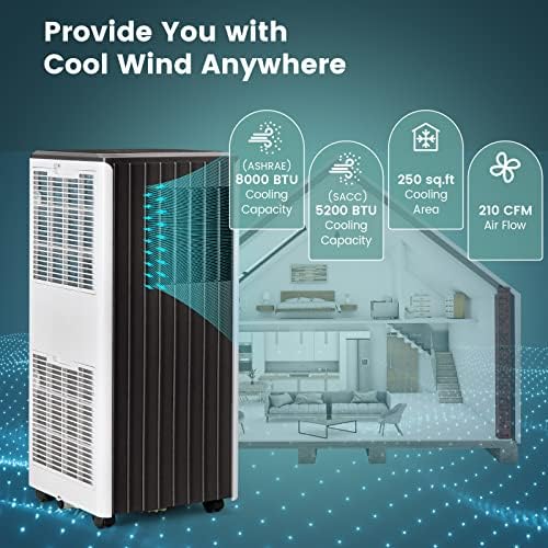 COSTWAY 8000 BTU Portable Air Conditioner, 3-in-1 AC Unit with Dehumidifier & Smart Sleep Mode, 24H Timer & Remote Control, Cools Rooms up to 250 Sq.Ft, Window Kit Included
