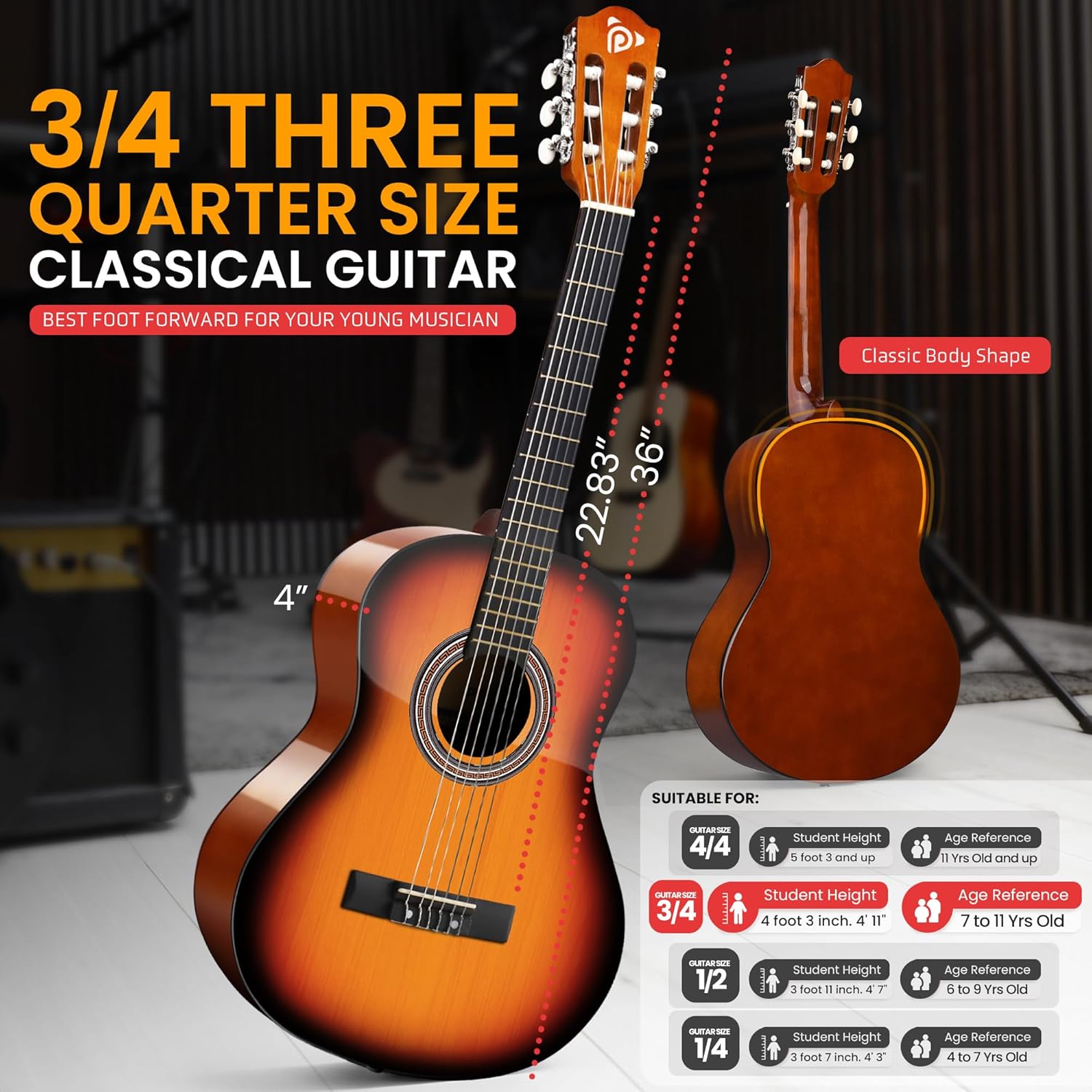 Pyle Beginner Acoustic Guitar Kit, 3/4 Junior Size All Wood Build Nylon Stringed Instrument with Strap, Extra String Set, Gig Bag, Guitars for Beginners Adults Youth, 36