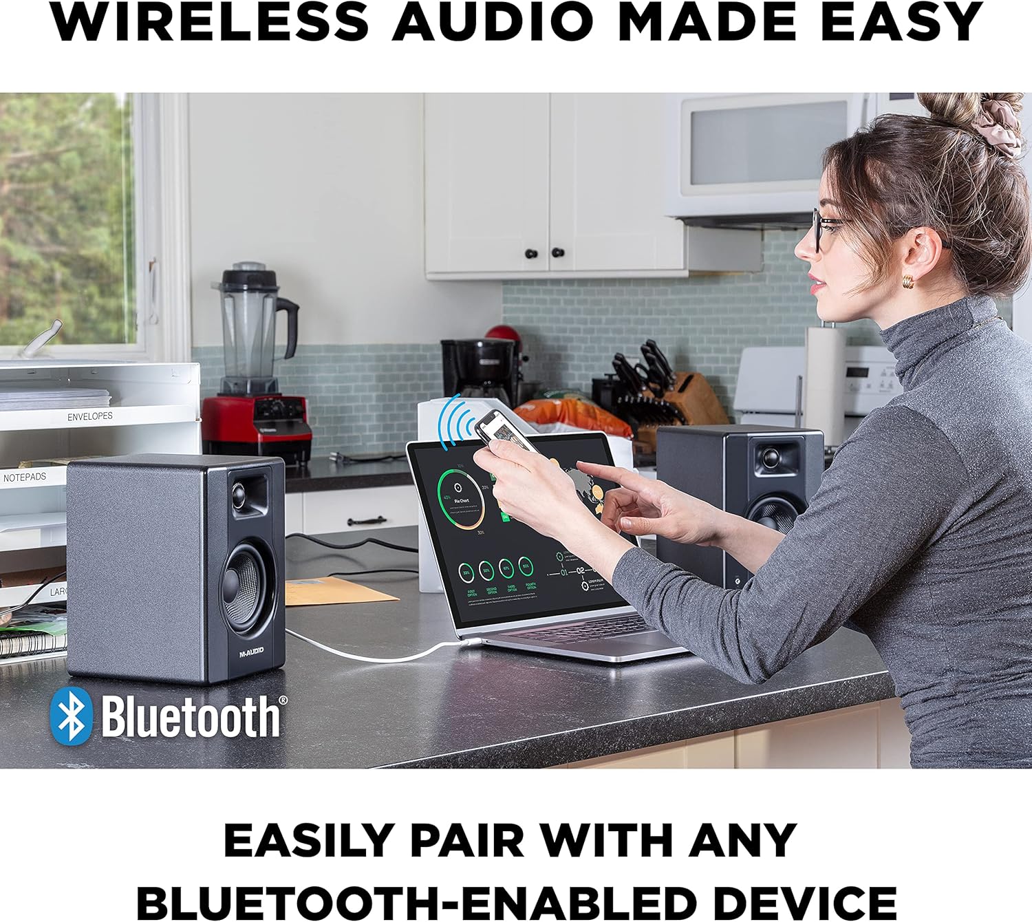 M-AUDIO BX4 Pair Bluetooth Studio Monitors Bundle with Dual XLR Audio Interface and Headphones for Studio Recording, Music Production, Podcasting, Streaming