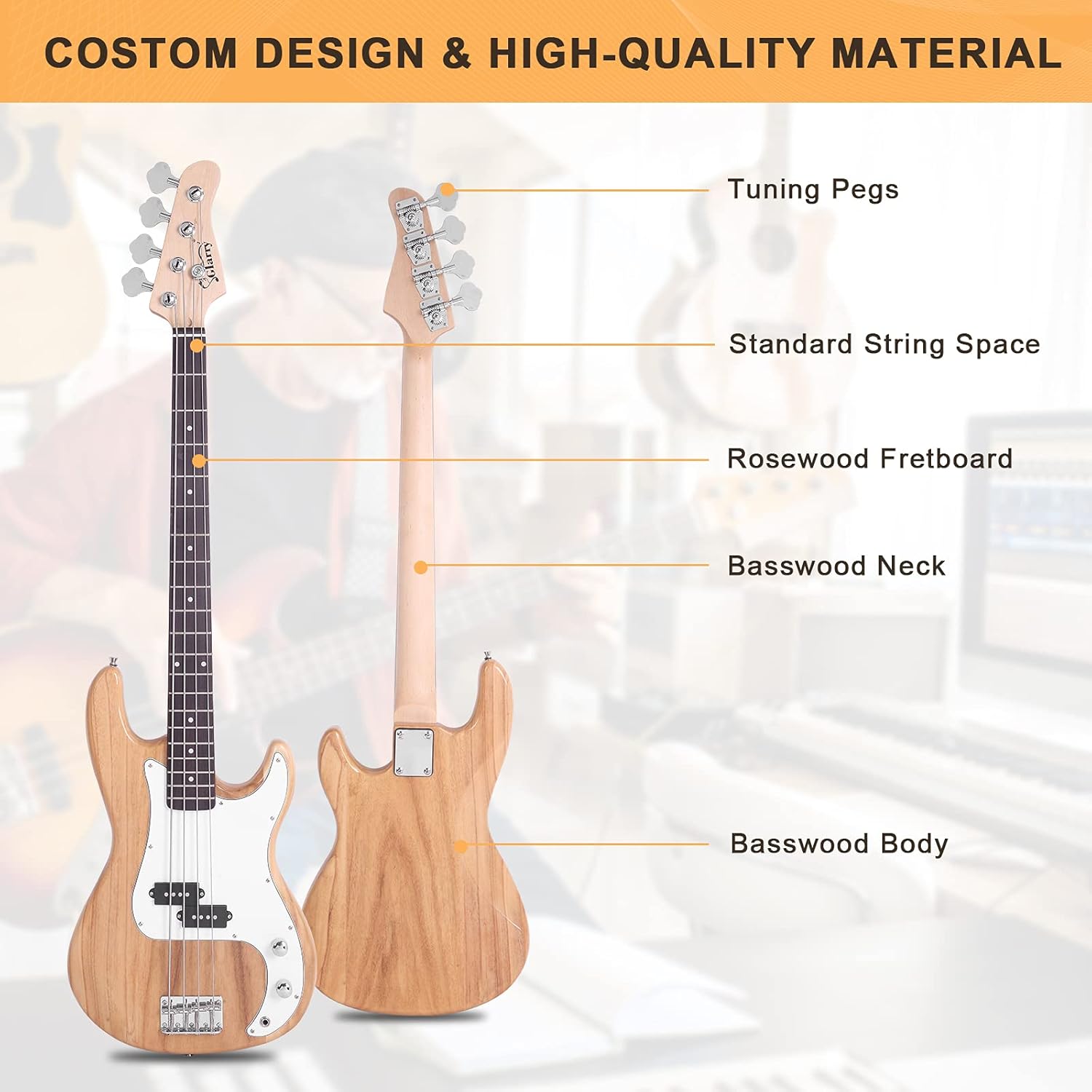 GLARRY Full Size Electric Bass Guitar Beginner Kit 4 String Exquisite Basswood Bass with 20W AMP, Cable, Strap, Bag and Accessories (Natural Wood, 39