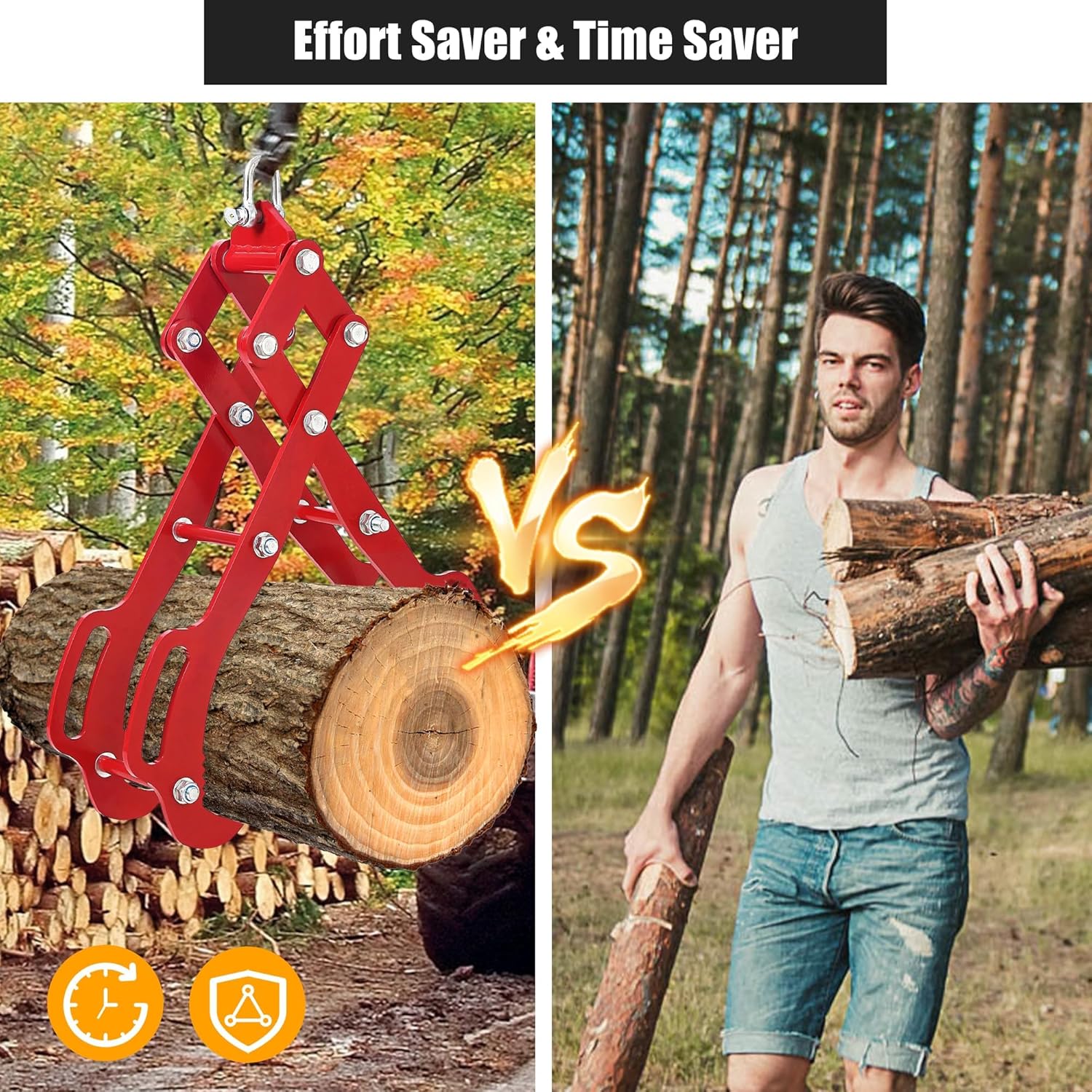 IDEALHOUSE Log Lifting Tongs, Log Splitter Accessories 18”2-Claw Heavy Steel Log Grapple, Grip Logging Tools for Firewood, Timber, Efficient Wood Lifting and Dragging, Compatible with Tractor, Skidder