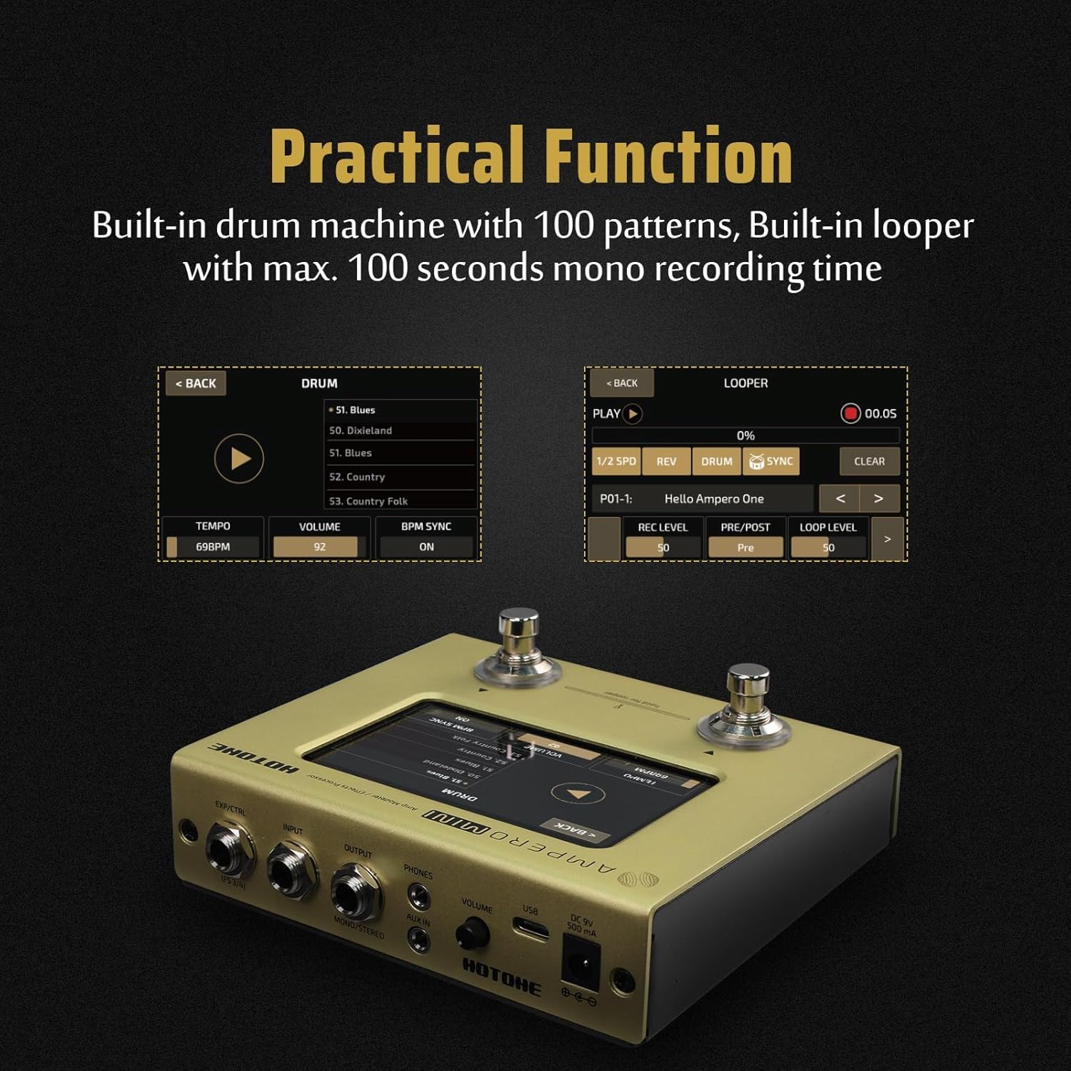 HOTONE Multi Effects Processor Pedal Guitar Bass Amp Modeling IR Cabinets Simulation Multi LanguageStereo OTG USB Audio Interface Ampero Mini MP-50 (include 10 PCS Additional Footswitch Toppers)