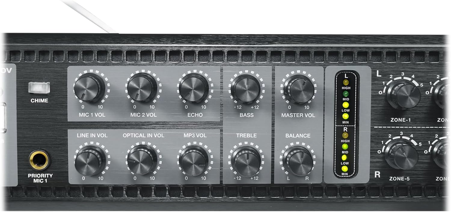 Rockville PRE-70V 8-Zone Stereo Preamp Mixer with Bluetooth, USB/SD/FM, Mic Inputs, Chime, Bass/Treble Control, for 70V Audio Systems