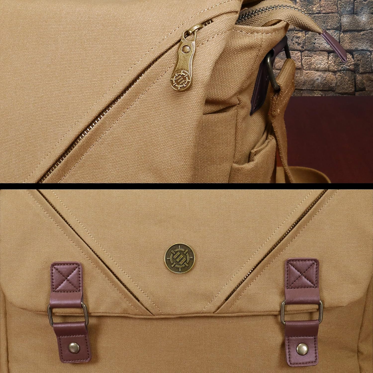 ENHANCE Venture DND Bag - Canvas RPG Player's Essentials Dungeons and Dragons Canvas Messenger Bag with Vegan Leather Accents Fits 2-4 Books, Dice & Accessories, with 17 inch Laptop Slot (Khaki)