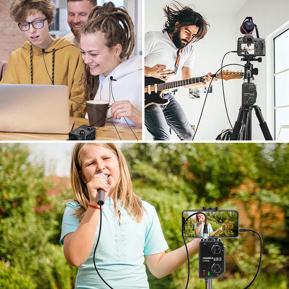 Comica LINKFLEX AD3 Dual-channels XLR/6.35mm/3.5mm Audio Preamp Mixer with Support 48V Phantom Power, Mono/Stereo Output, Guitar Audio Interface for Cameras,Camcorders,iPhone,Android,Smartphones